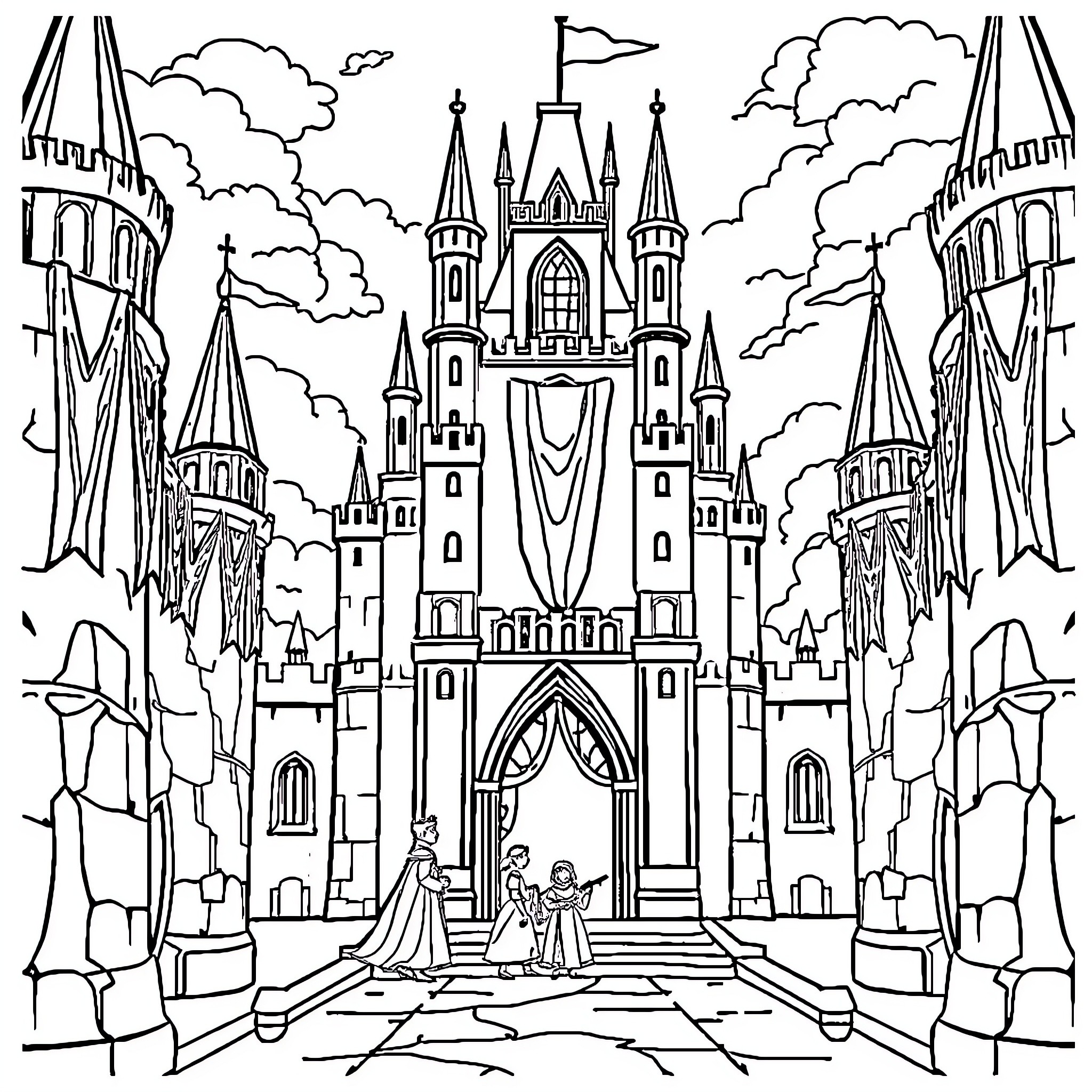 Prince Exploring the Enchanting Castle Coloring Page (free black-and-white line drawing printable PDF for all, from beginners to advanced learners, including children, teens, adults, and seniors)