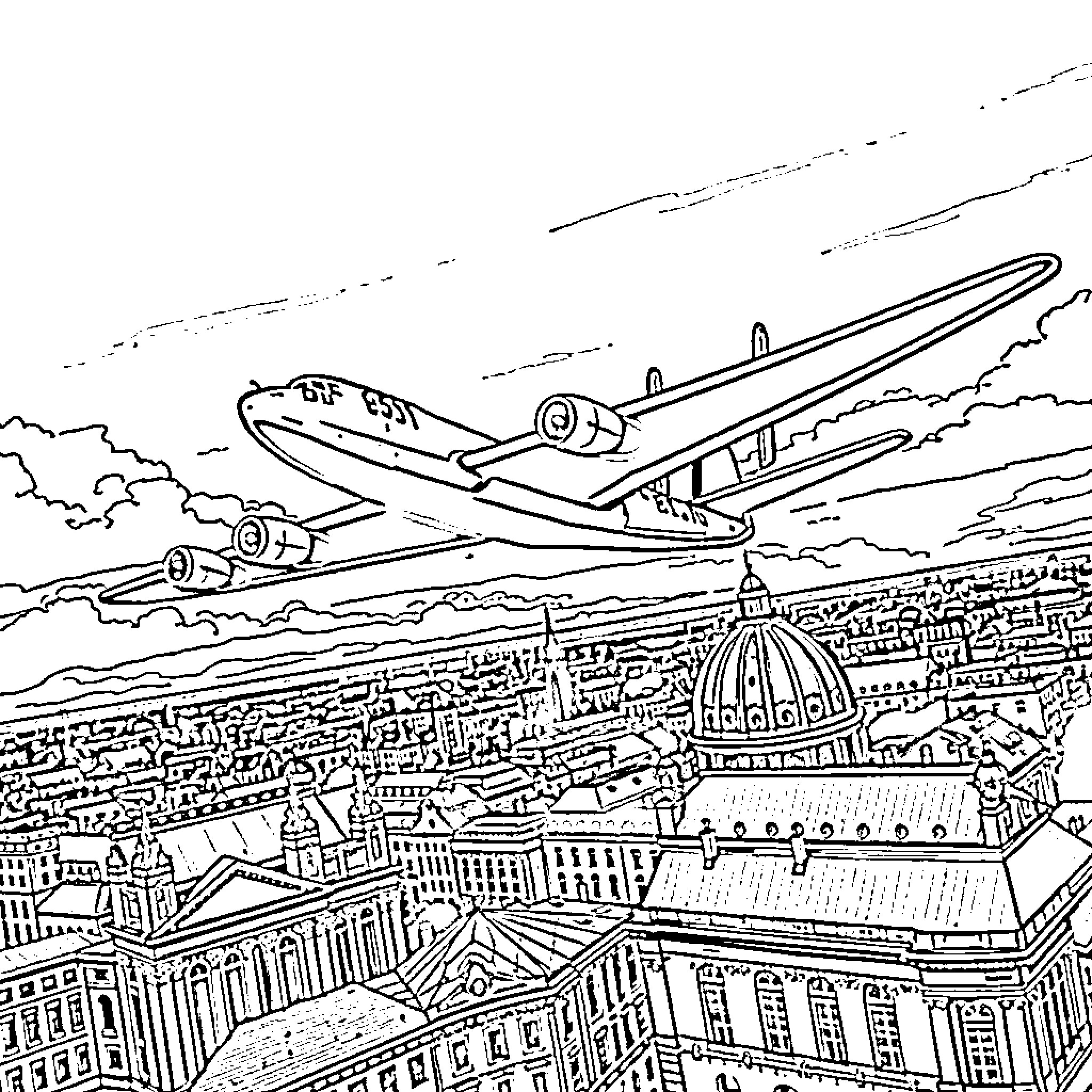 B-52 soaring over a bustling city skyline Coloring Page (free black-and-white line drawing printable PDF for all, from beginners to advanced learners, including children, teens, adults, and seniors)