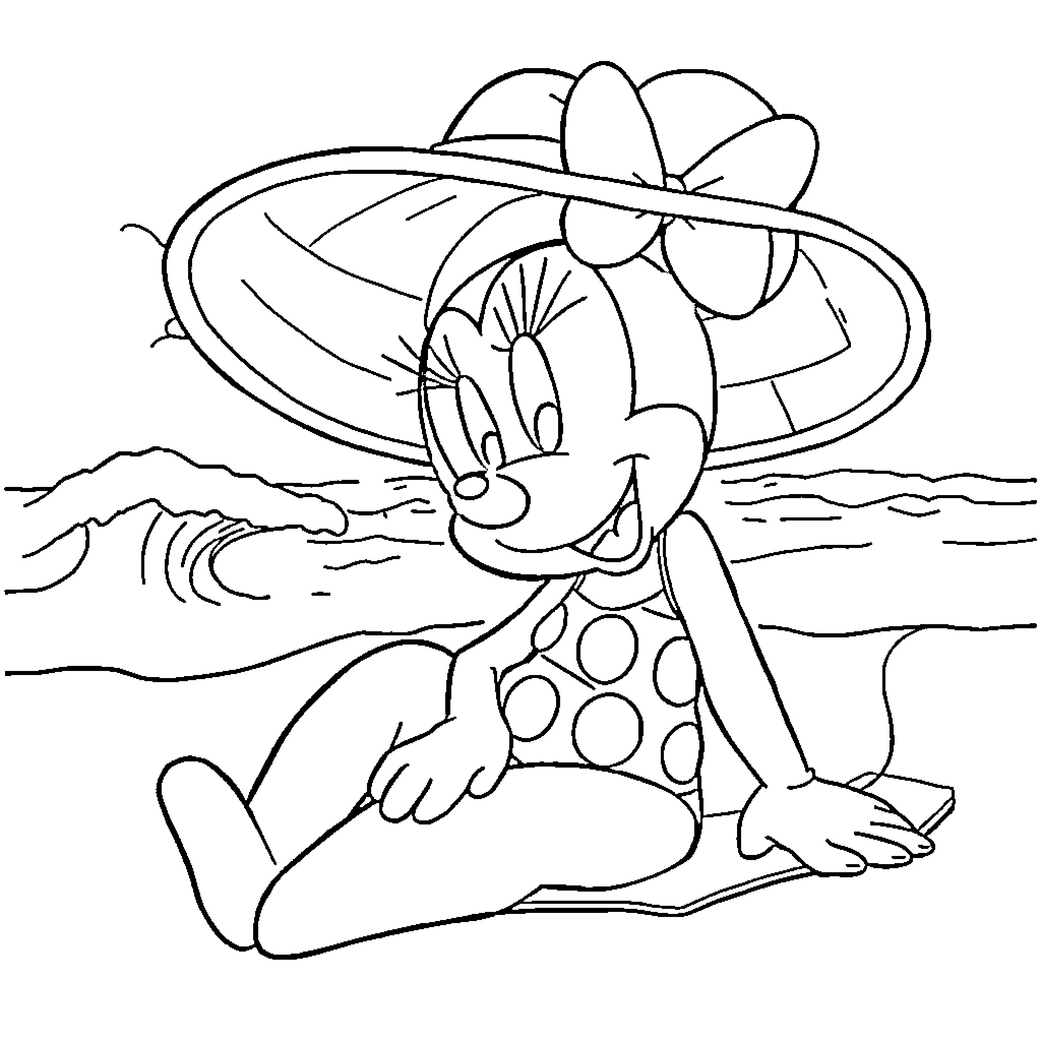 Minnie Mouse enjoying the beach vacation Coloring Page (free black-and-white line drawing printable PDF for all, from beginners to advanced learners, including children, teens, adults, and seniors)