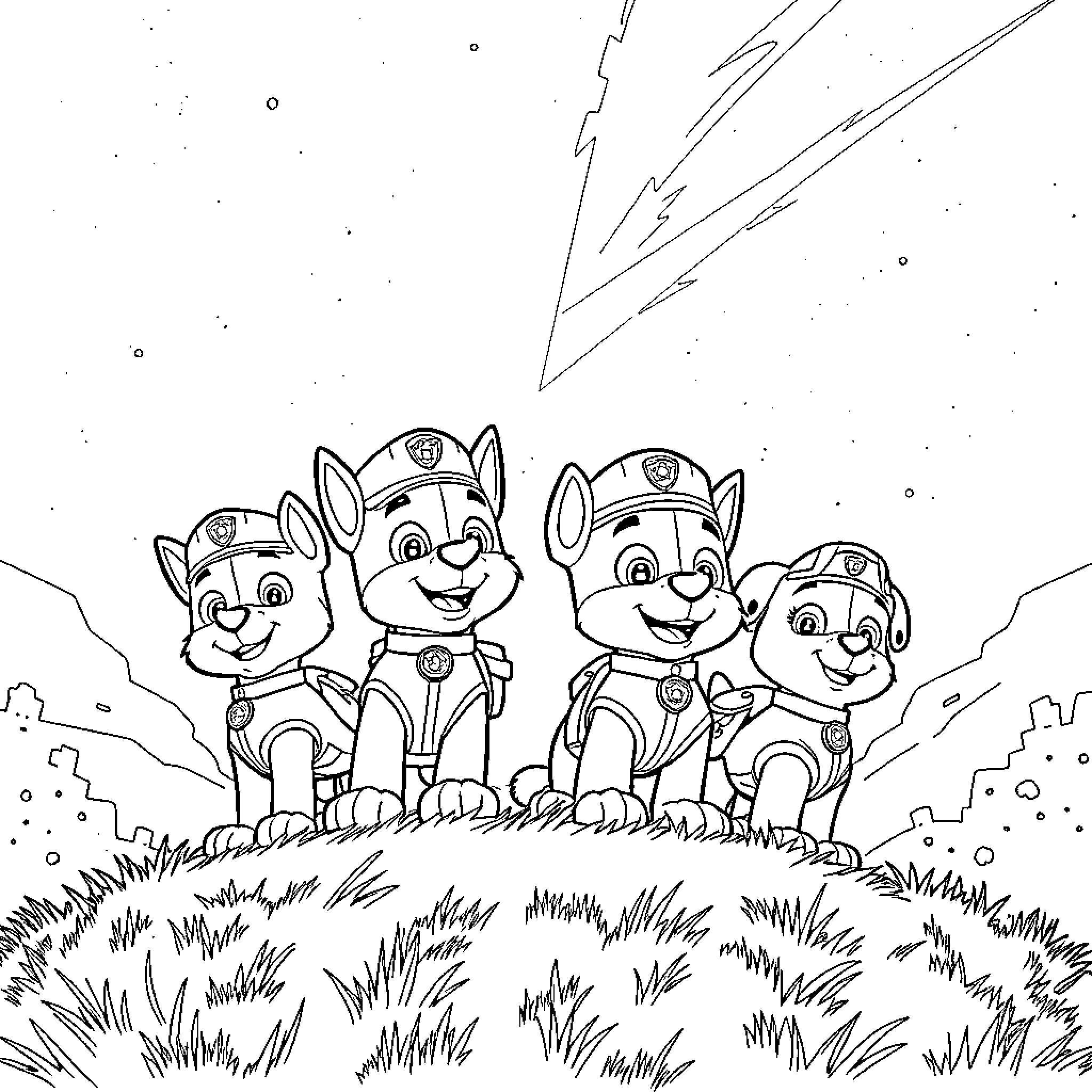 Paw Patrol team members on an adventure Coloring Page (free black-and-white line drawing printable PDF for all, from beginners to advanced learners, including children, teens, adults, and seniors)