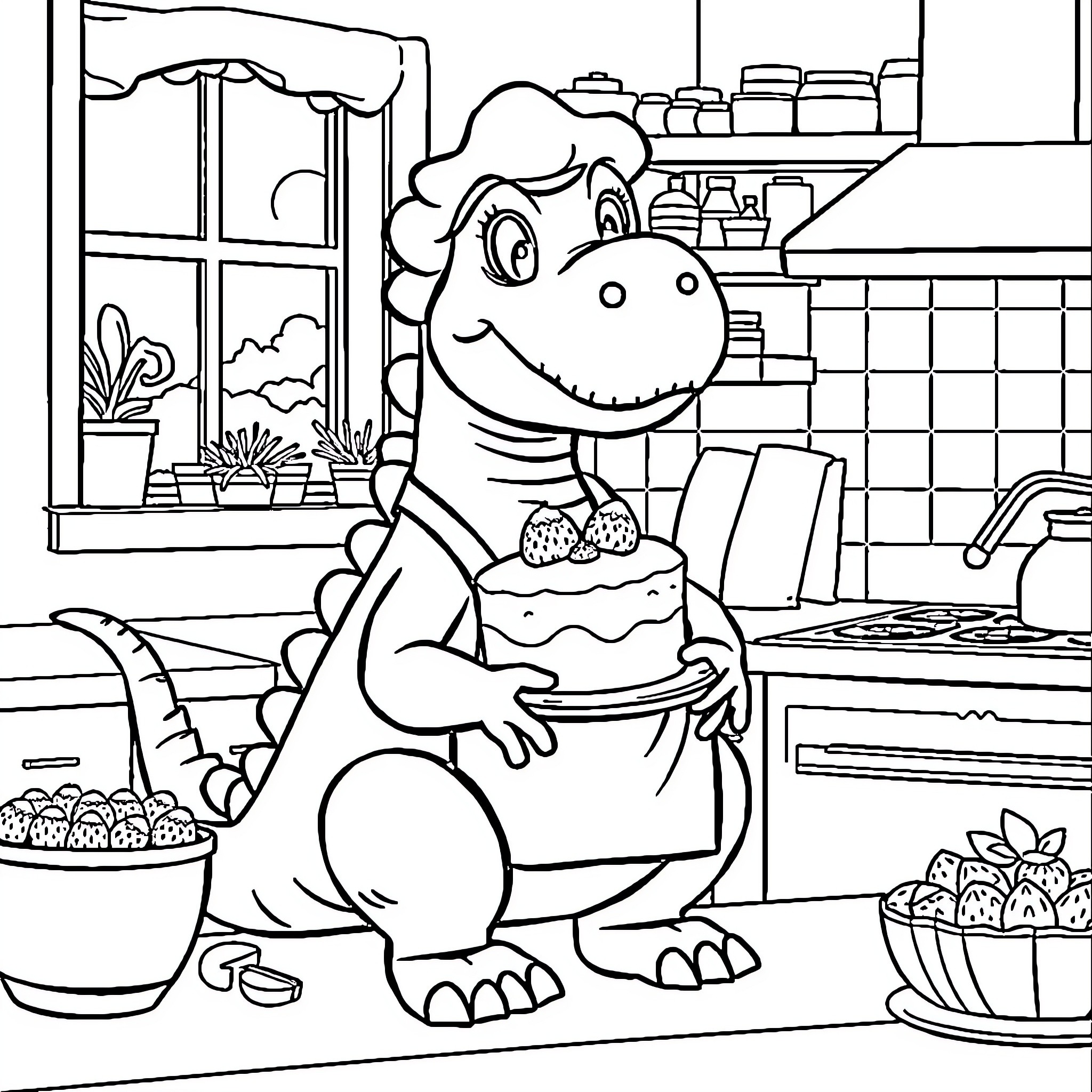 Dinosaur cooking in a cheerful kitchen Coloring Page (free black-and-white line drawing printable PDF for all, from beginners to advanced learners, including children, teens, adults, and seniors)