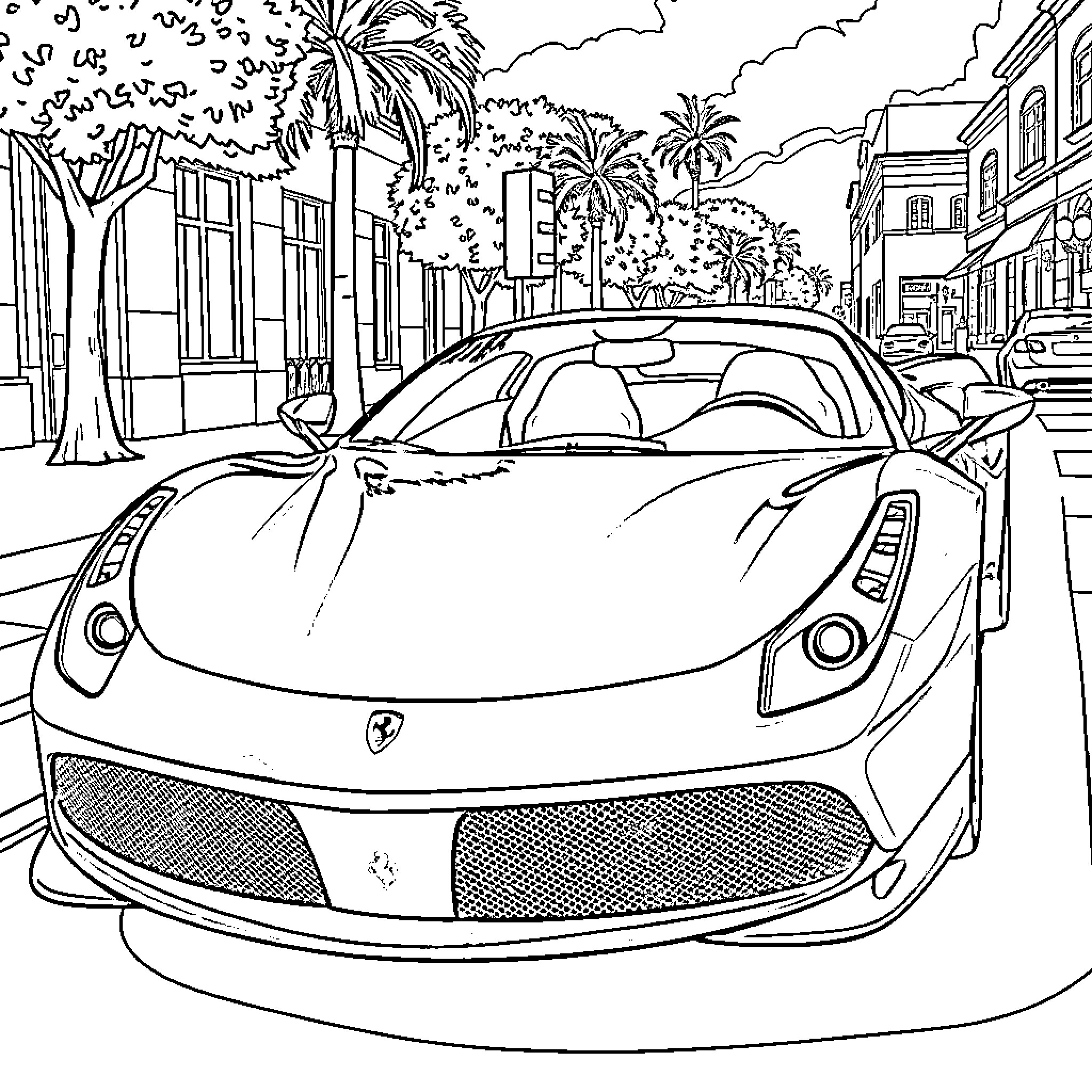 Ferrari sports car racing through palm-lined city streets Coloring Page (free black-and-white line drawing printable PDF for all, from beginners to advanced learners, including children, teens, adults, and seniors)