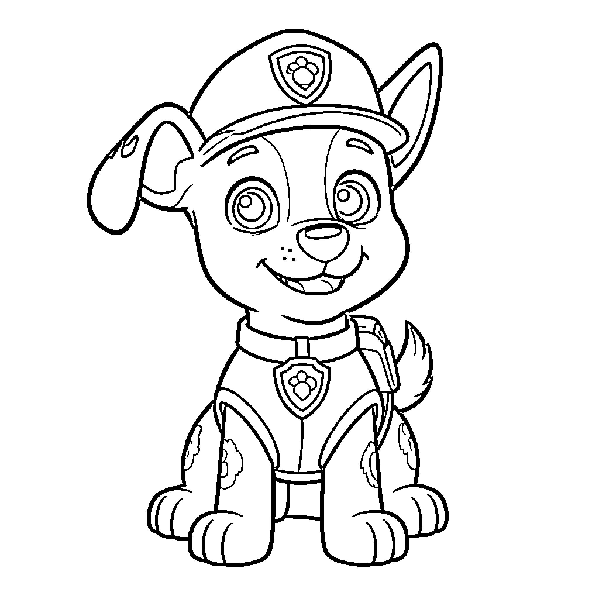 Ruben the pup in a heroic uniform Coloring Page (free black-and-white line drawing printable PDF for all, from beginners to advanced learners, including children, teens, adults, and seniors)