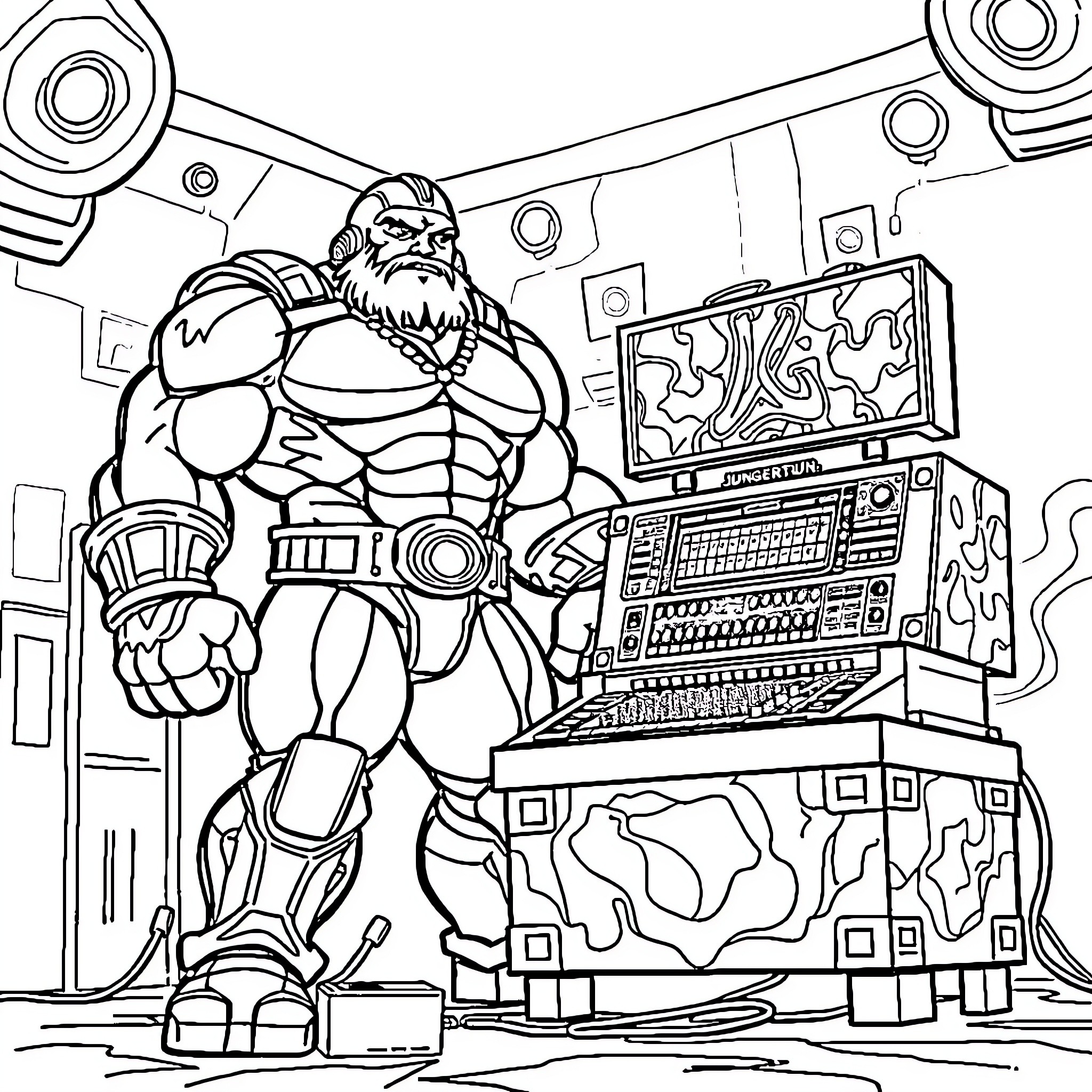 Juggernaut Warrior's Formidable Presence Coloring Page (free black-and-white line drawing printable PDF for all, from beginners to advanced learners, including children, teens, adults, and seniors)