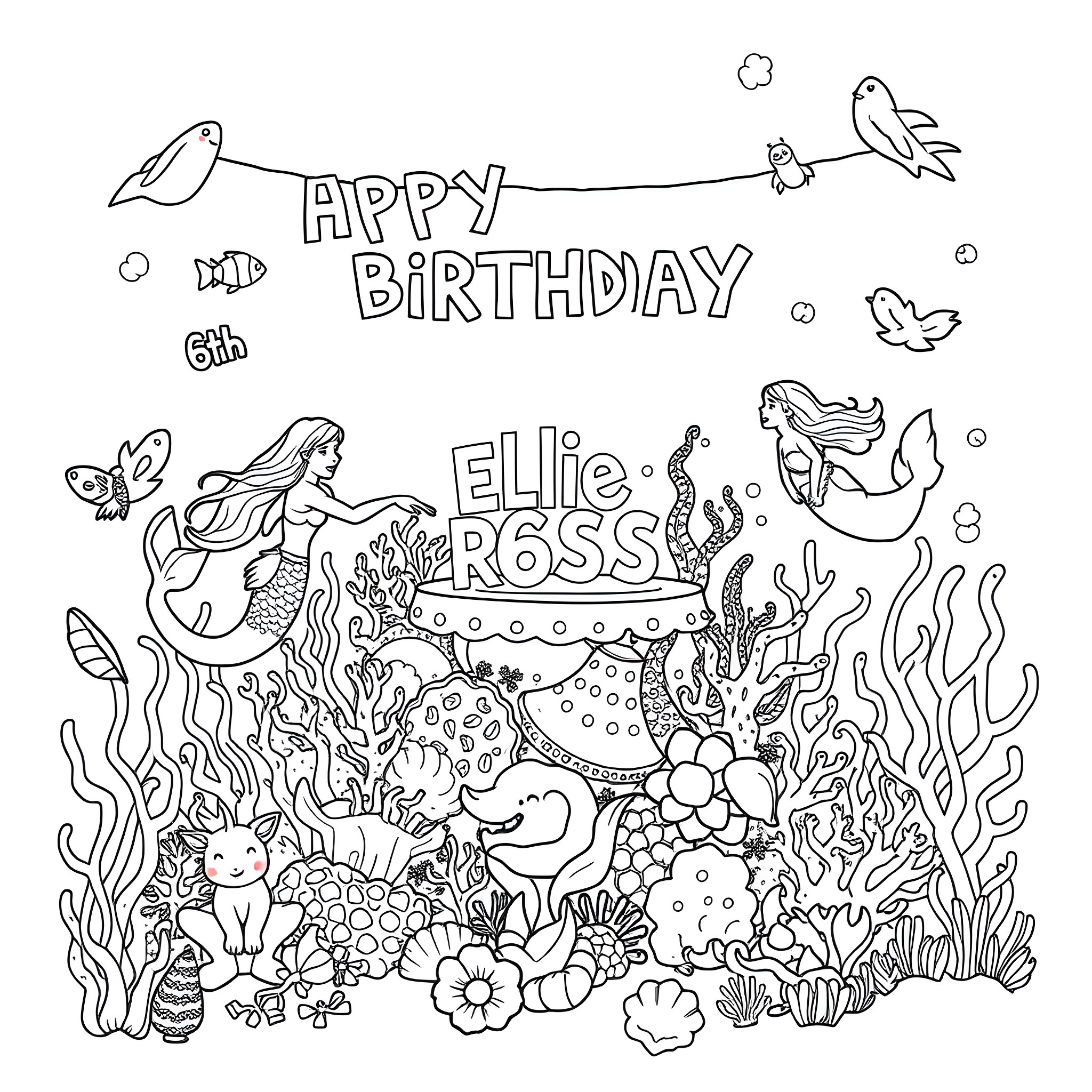 Mermaid celebrating a birthday in the underwater world Coloring Page (free black-and-white line drawing printable PDF for all, from beginners to advanced learners, including children, teens, adults, and seniors)