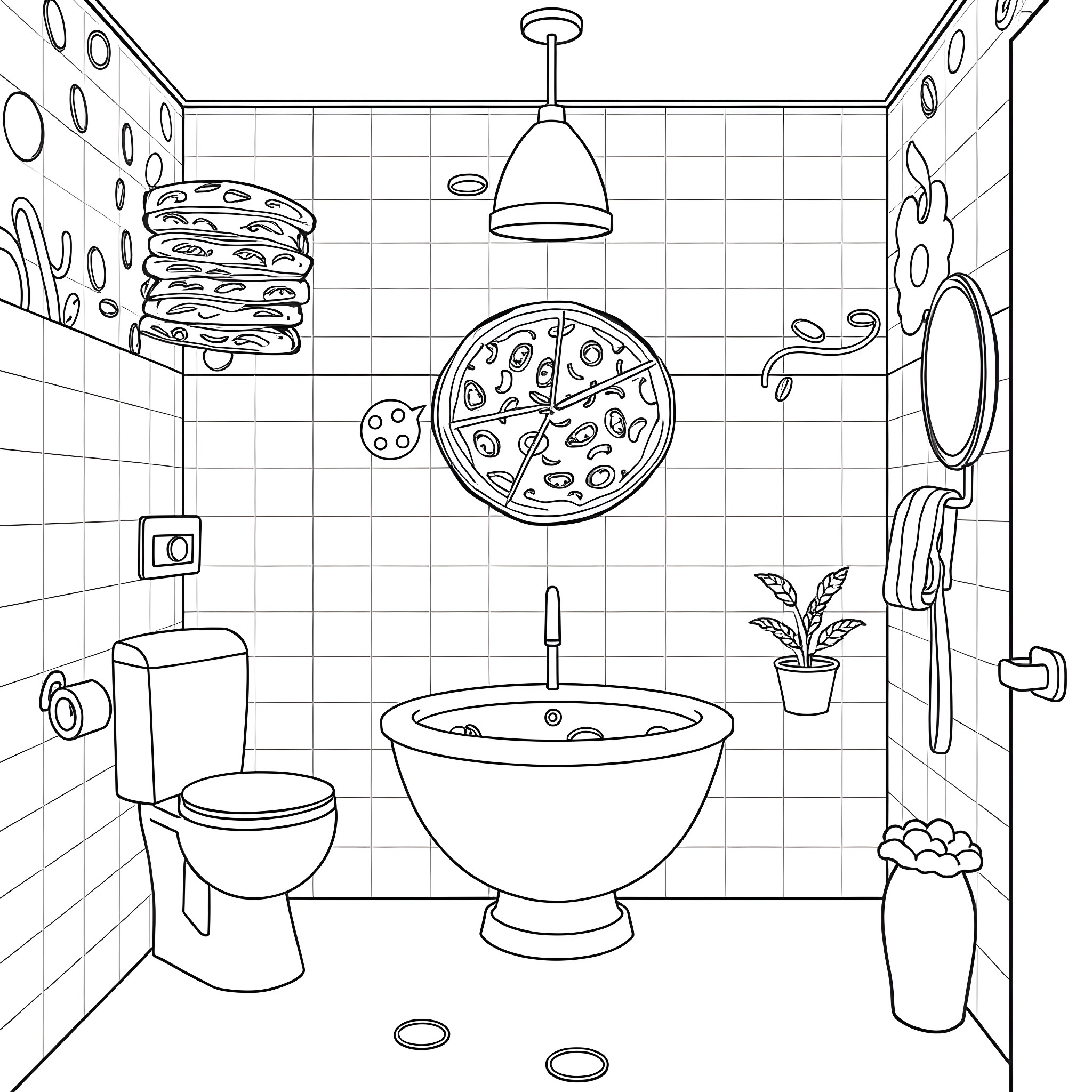 Pizza-themed bathroom decor with toilet and shower Coloring Page (free black-and-white line drawing printable PDF for all, from beginners to advanced learners, including children, teens, adults, and seniors)