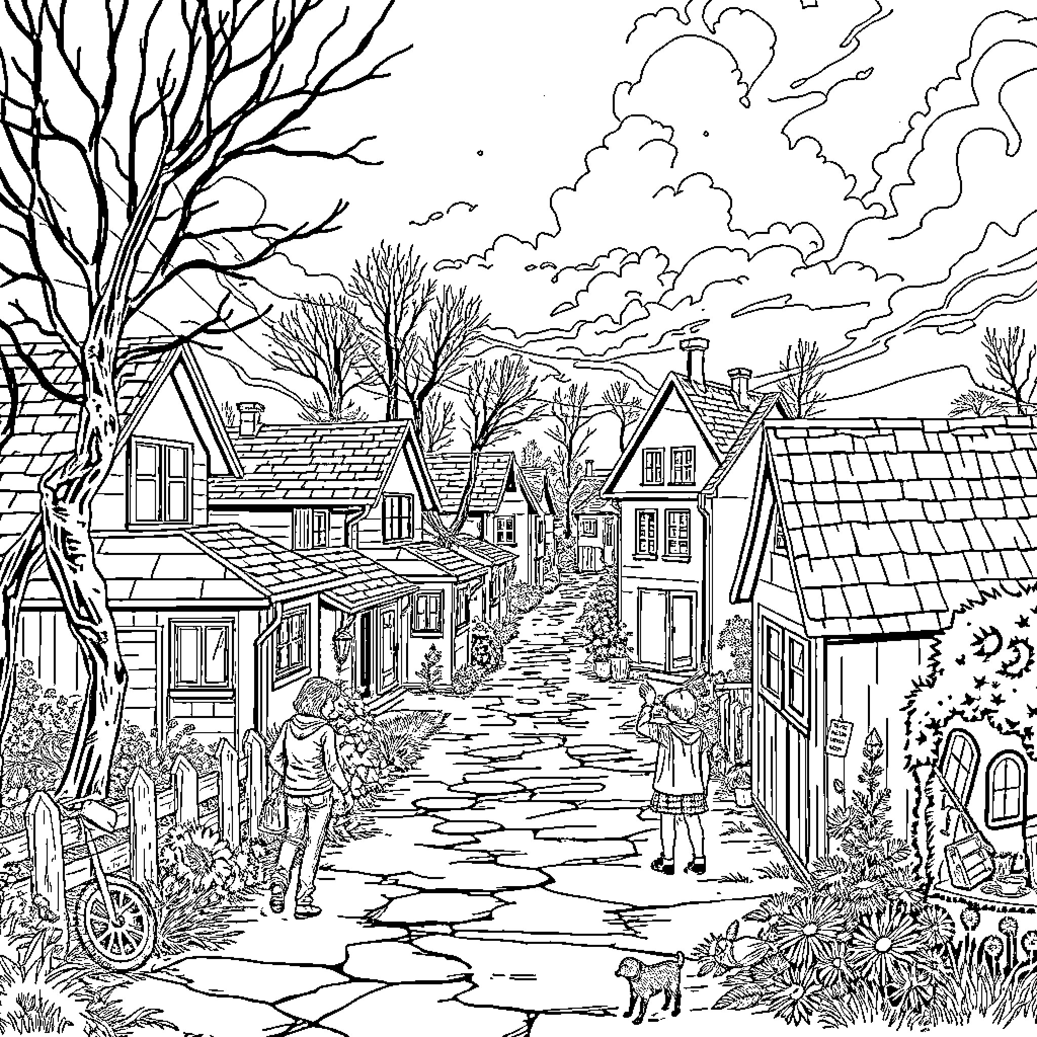 Stranger Things in an Idyllic Village Scene Coloring Page (free black-and-white line drawing printable PDF for all, from beginners to advanced learners, including children, teens, adults, and seniors)