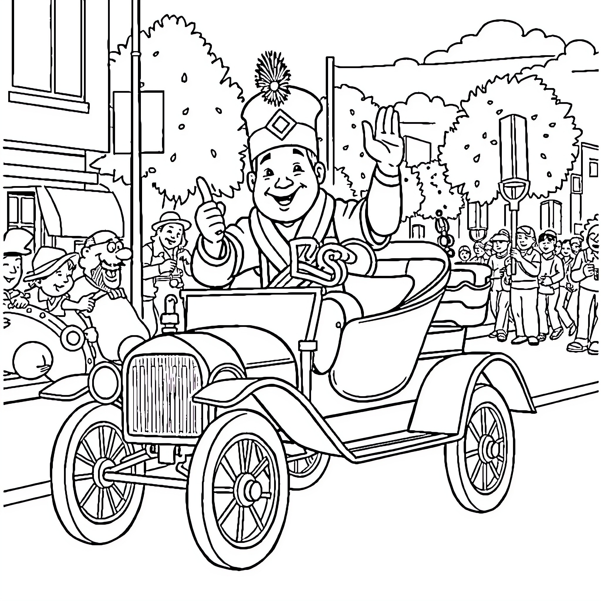Shriner driving classic car in parade Coloring Page (free black-and-white line drawing printable PDF for all, from beginners to advanced learners, including children, teens, adults, and seniors)