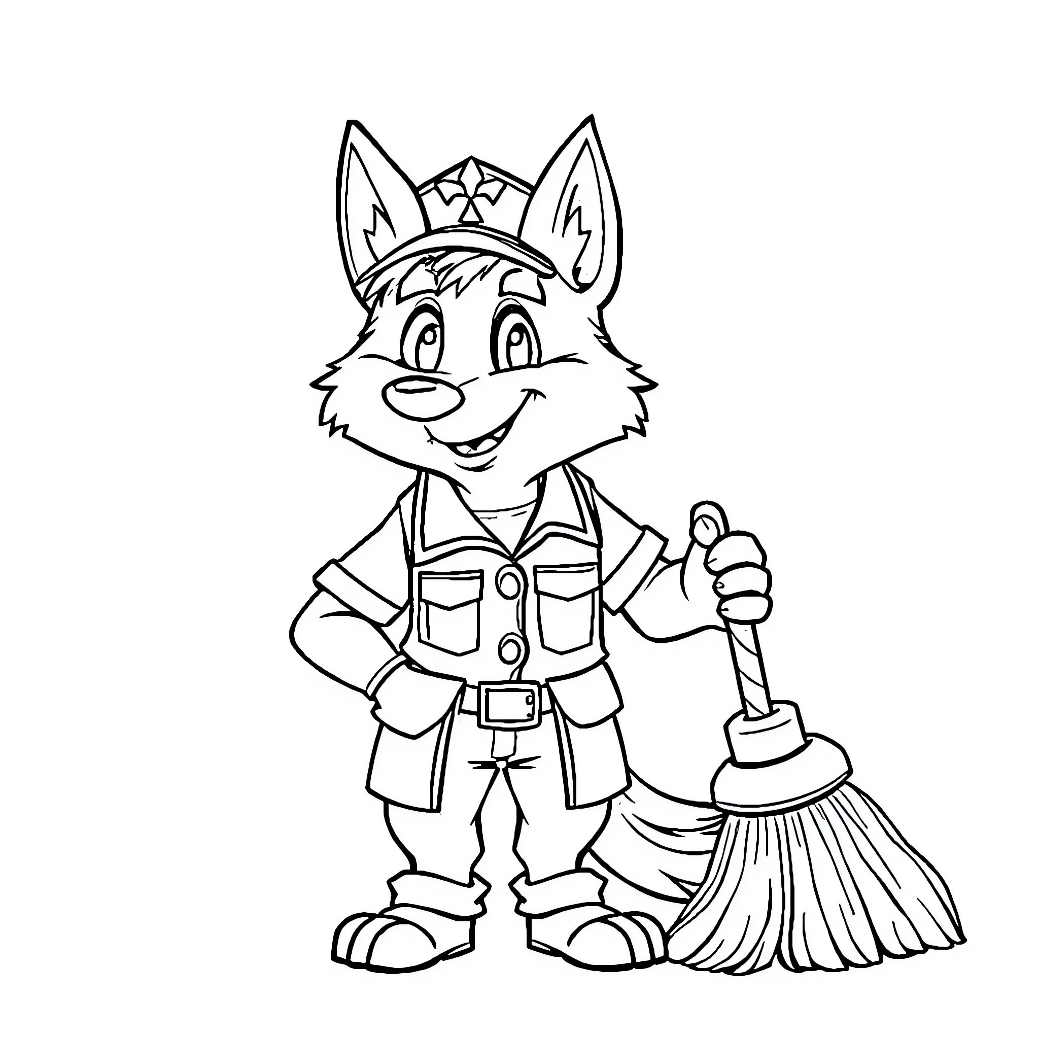 Wolf janitor cleaning with broom in uniform Coloring Page (free black-and-white line drawing printable PDF for all, from beginners to advanced learners, including children, teens, adults, and seniors)
