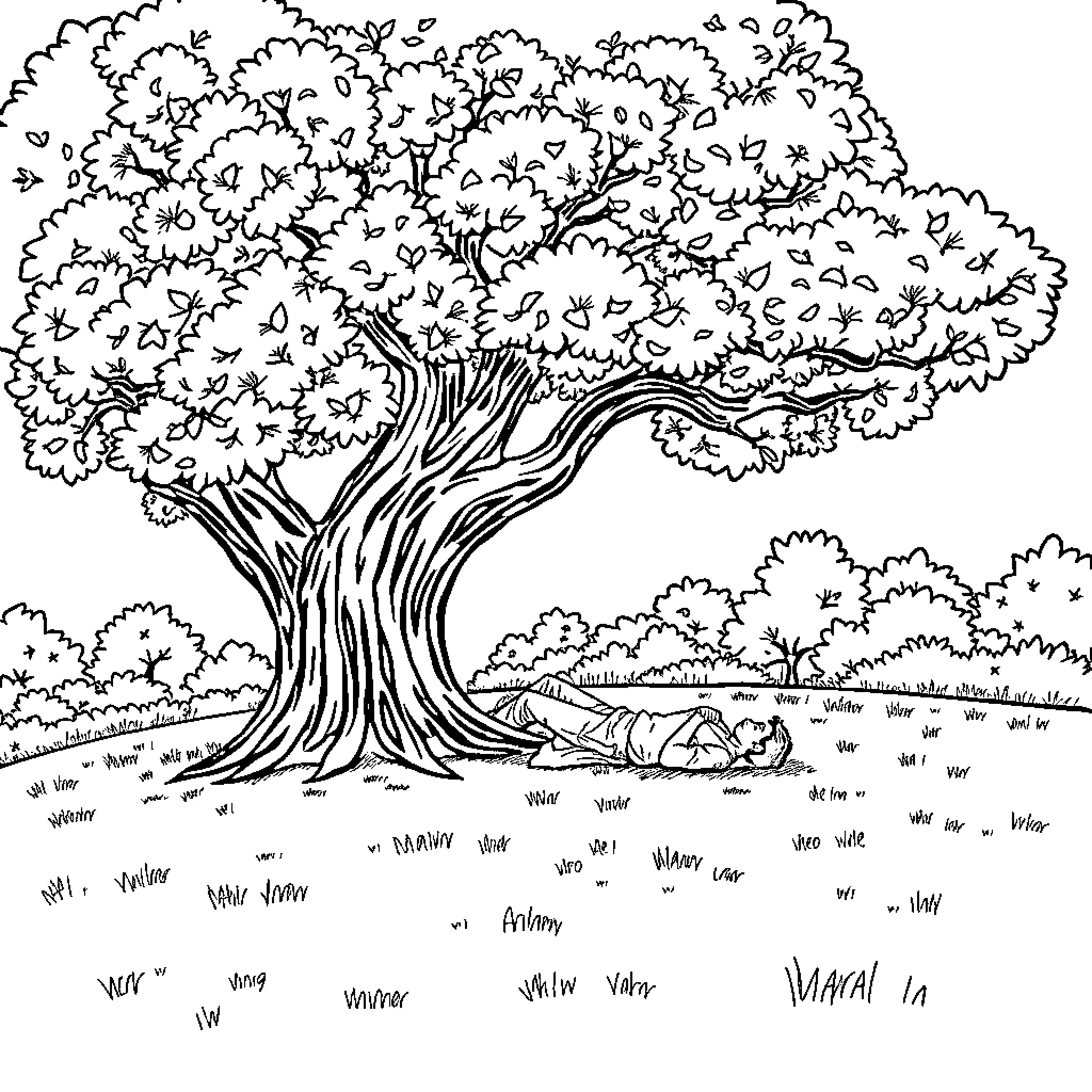 Person relaxing under a large tree Coloring Page (free black-and-white line drawing printable PDF for all, from beginners to advanced learners, including children, teens, adults, and seniors)