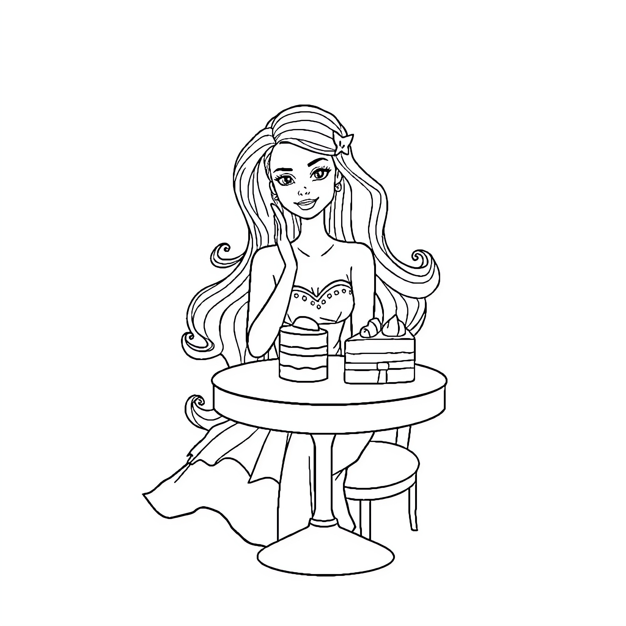 Barbie enjoying a stylish tea party Coloring Page (free black-and-white line drawing printable PDF for all, from beginners to advanced learners, including children, teens, adults, and seniors)