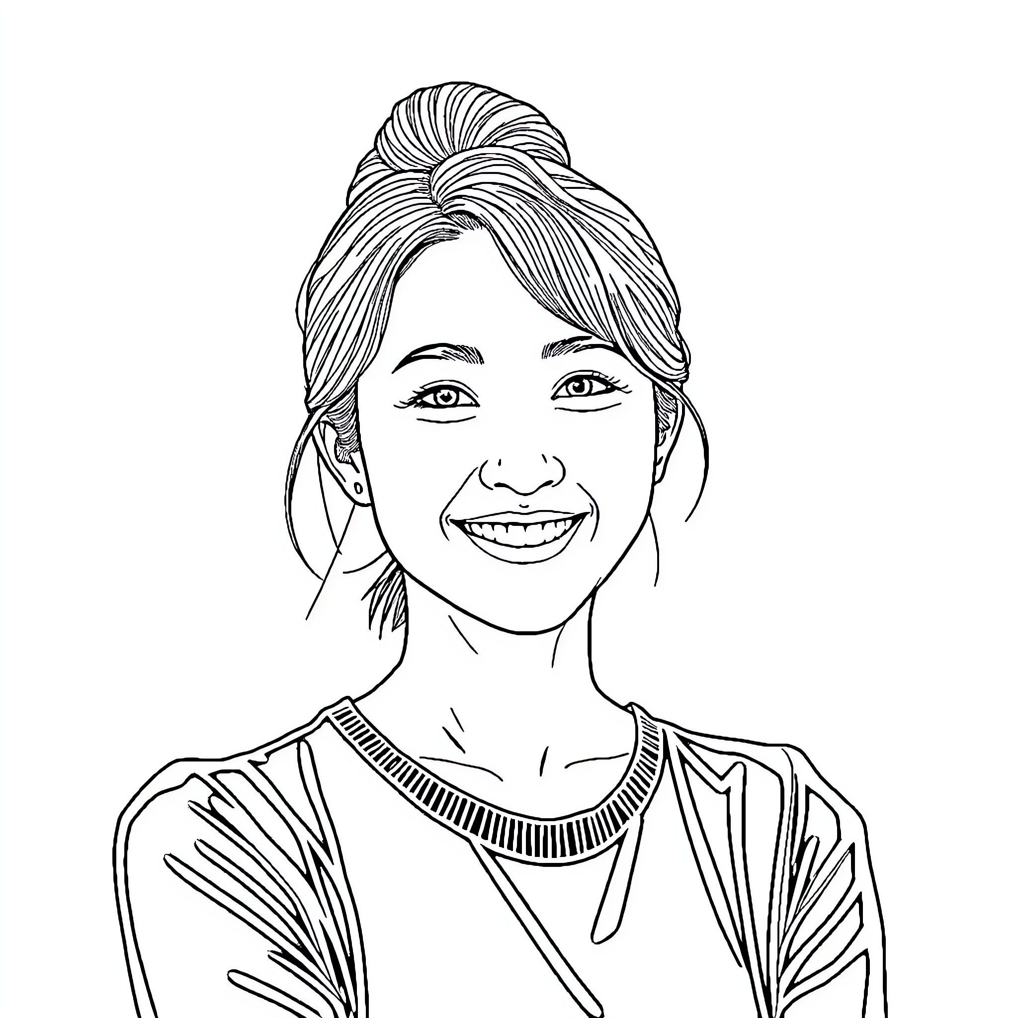 Suzie Yeung's Joyful Expression and Elegant Attire Coloring Page (free black-and-white line drawing printable PDF for all, from beginners to advanced learners, including children, teens, adults, and seniors)
