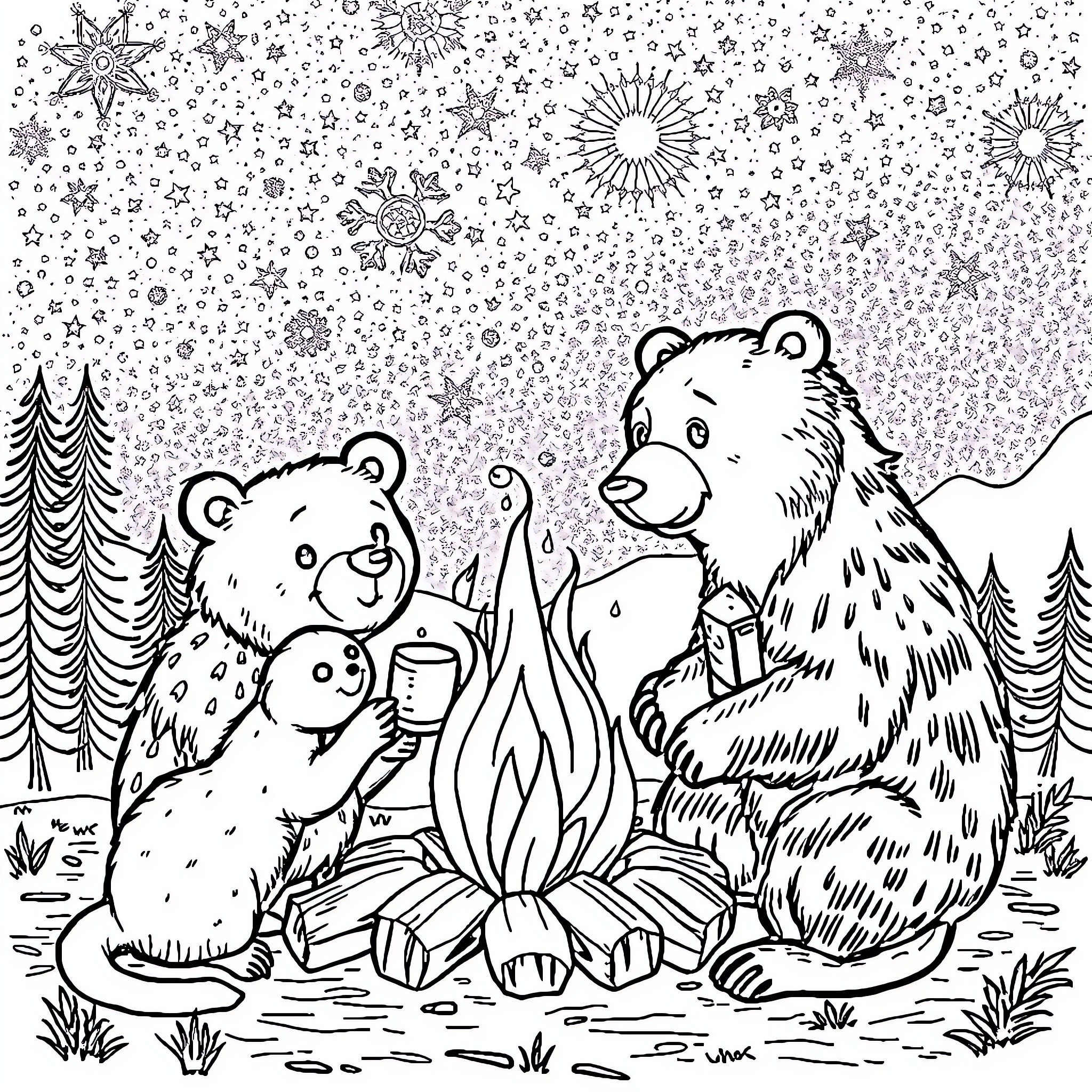 Bear family enjoying a cozy campfire in the forest Coloring Page (free black-and-white line drawing printable PDF for all, from beginners to advanced learners, including children, teens, adults, and seniors)