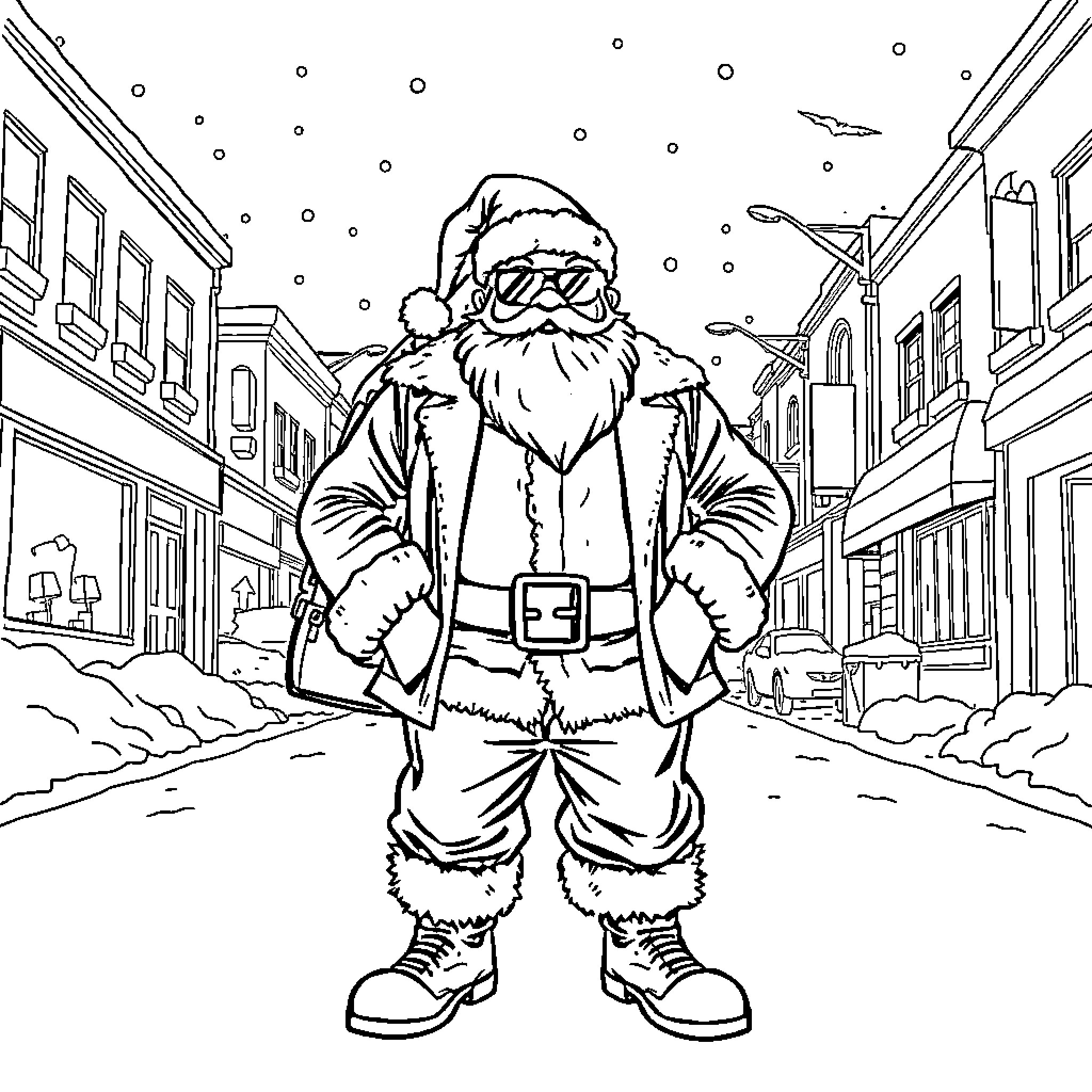 Santa walking down a snowy city street Coloring Page (free black-and-white line drawing printable PDF for all, from beginners to advanced learners, including children, teens, adults, and seniors)