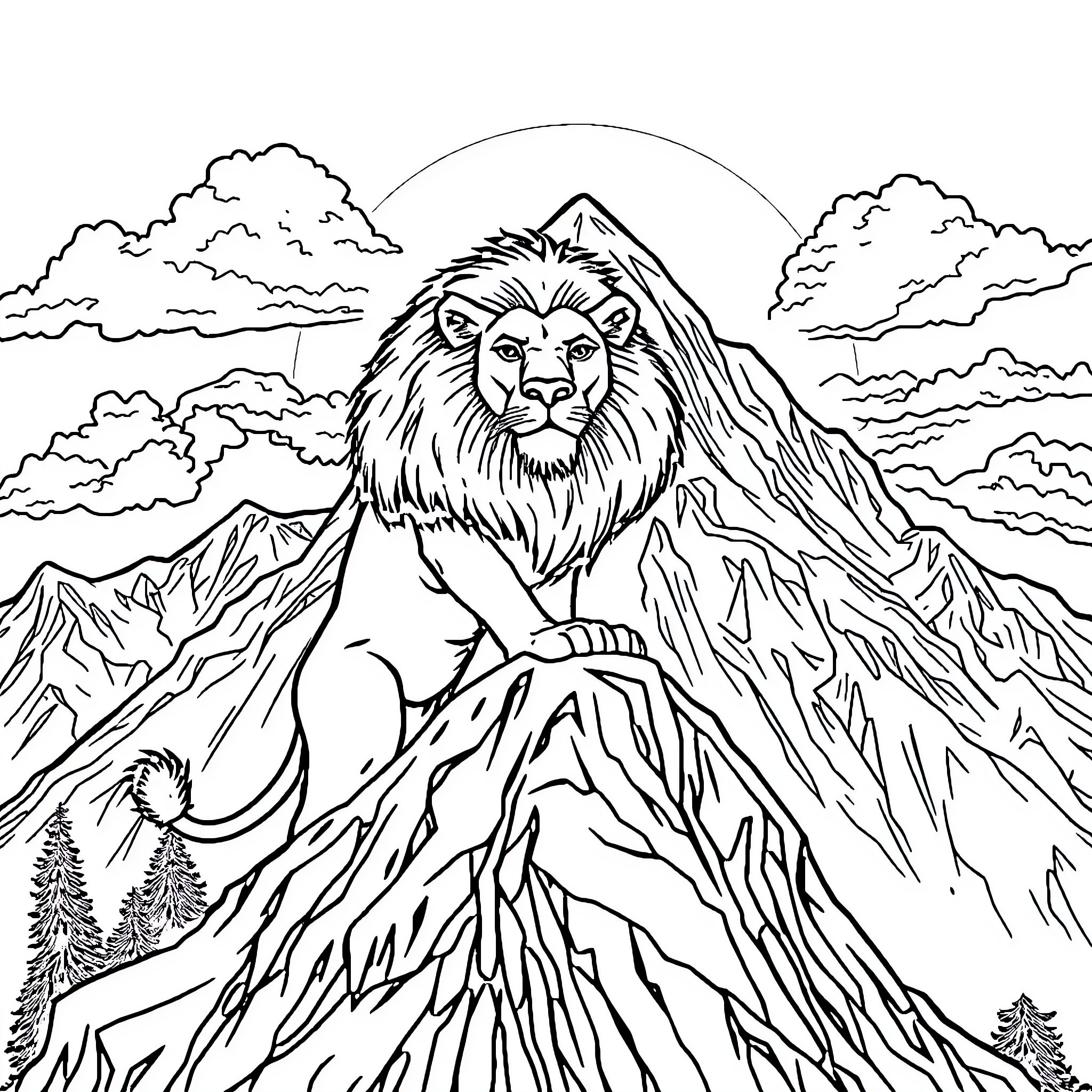 Lion Atop Majestic Mountain Range Coloring Page (free black-and-white line drawing printable PDF for all, from beginners to advanced learners, including children, teens, adults, and seniors)