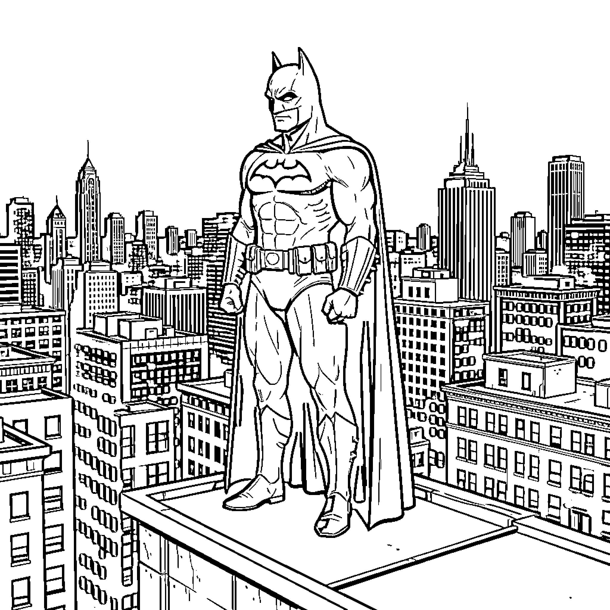 Batman standing heroically on a skyscraper overlooking the city Coloring Page (free black-and-white line drawing printable PDF for all, from beginners to advanced learners, including children, teens, adults, and seniors)
