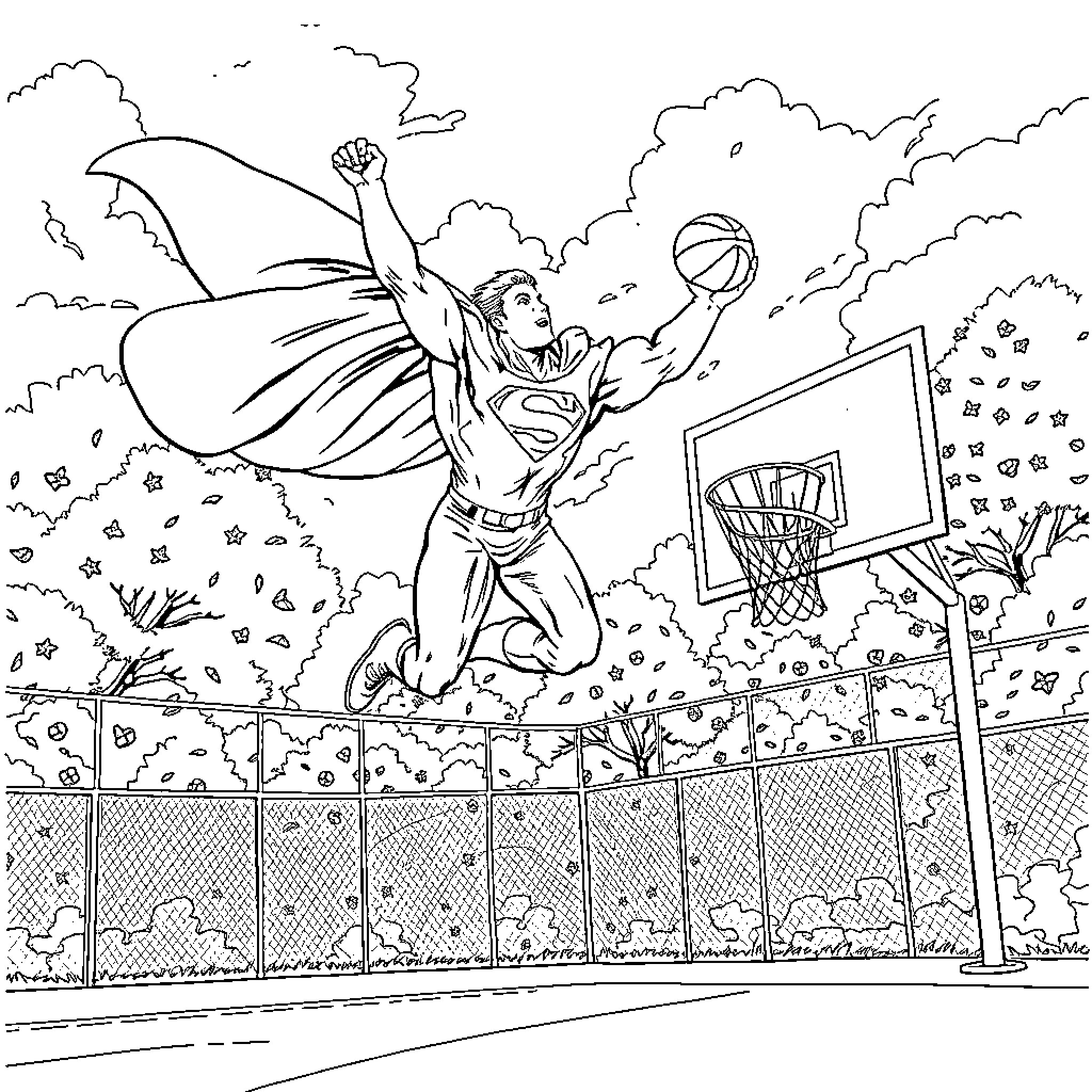 Superman soaring high and shooting hoops on the court Coloring Page (free black-and-white line drawing printable PDF for all, from beginners to advanced learners, including children, teens, adults, and seniors)