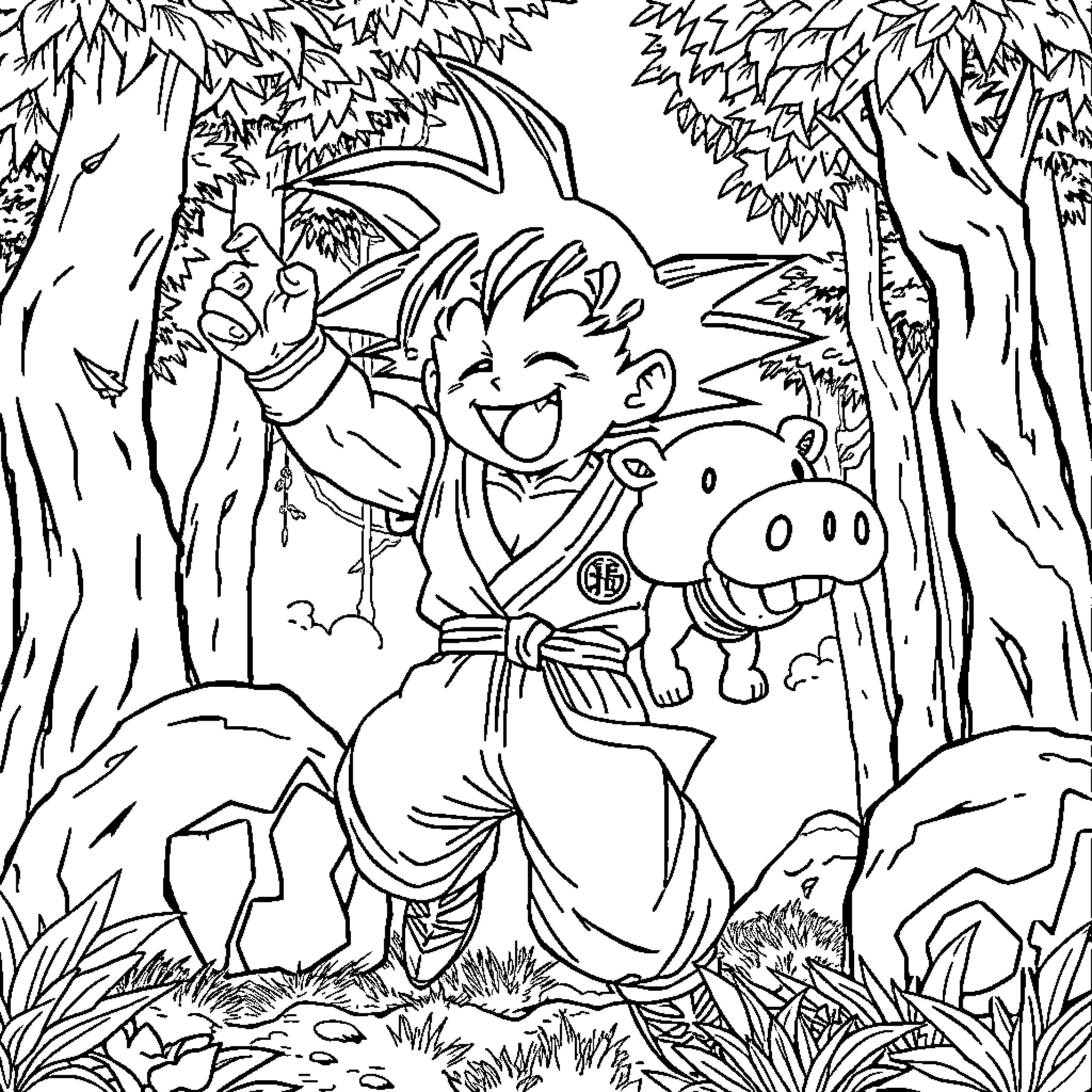 Goku's Adventure with Adorable Companion Coloring Page (free black-and-white line drawing printable PDF for all, from beginners to advanced learners, including children, teens, adults, and seniors)