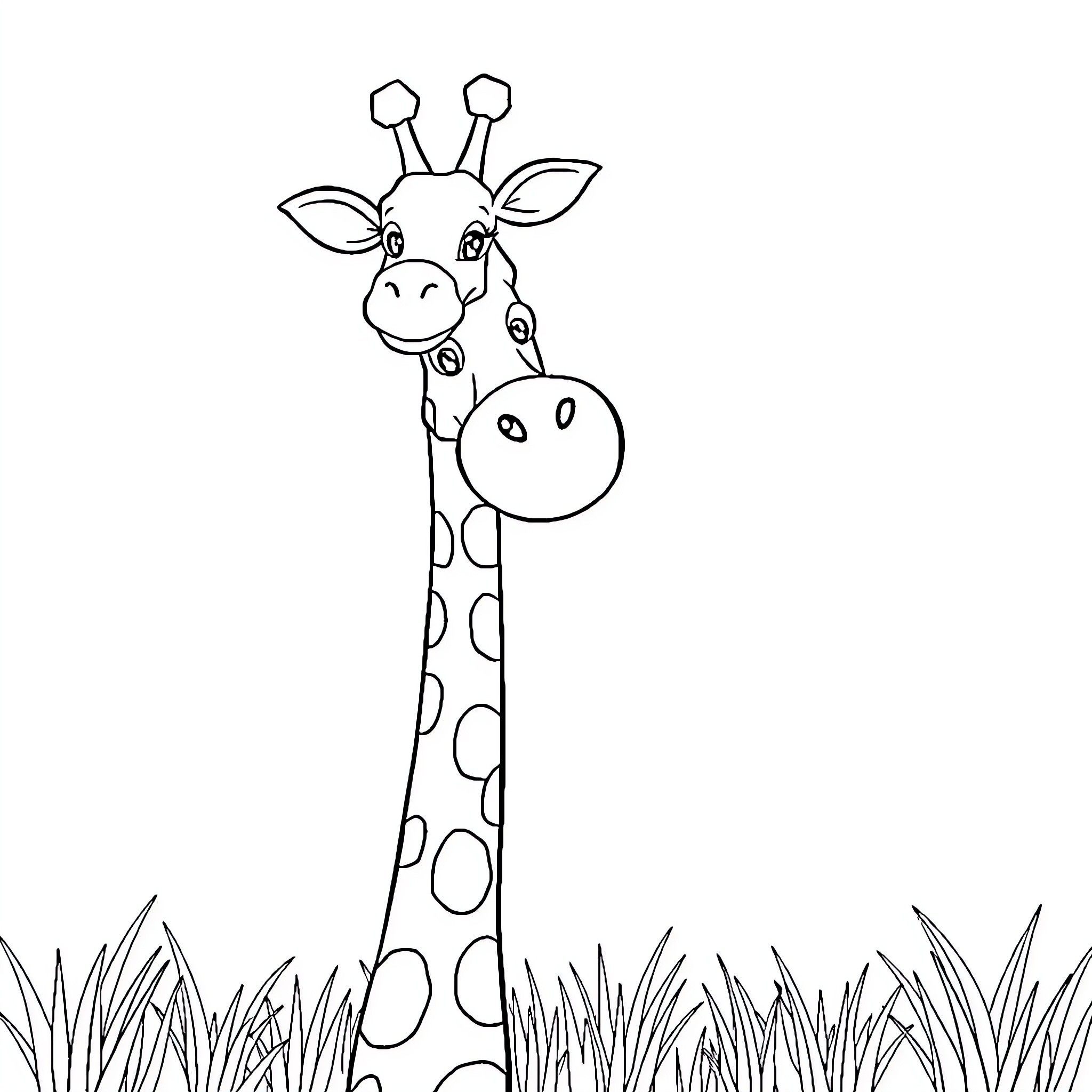 Giraffe peeking curiously over tall grass Coloring Page (free black-and-white line drawing printable PDF for all, from beginners to advanced learners, including children, teens, adults, and seniors)