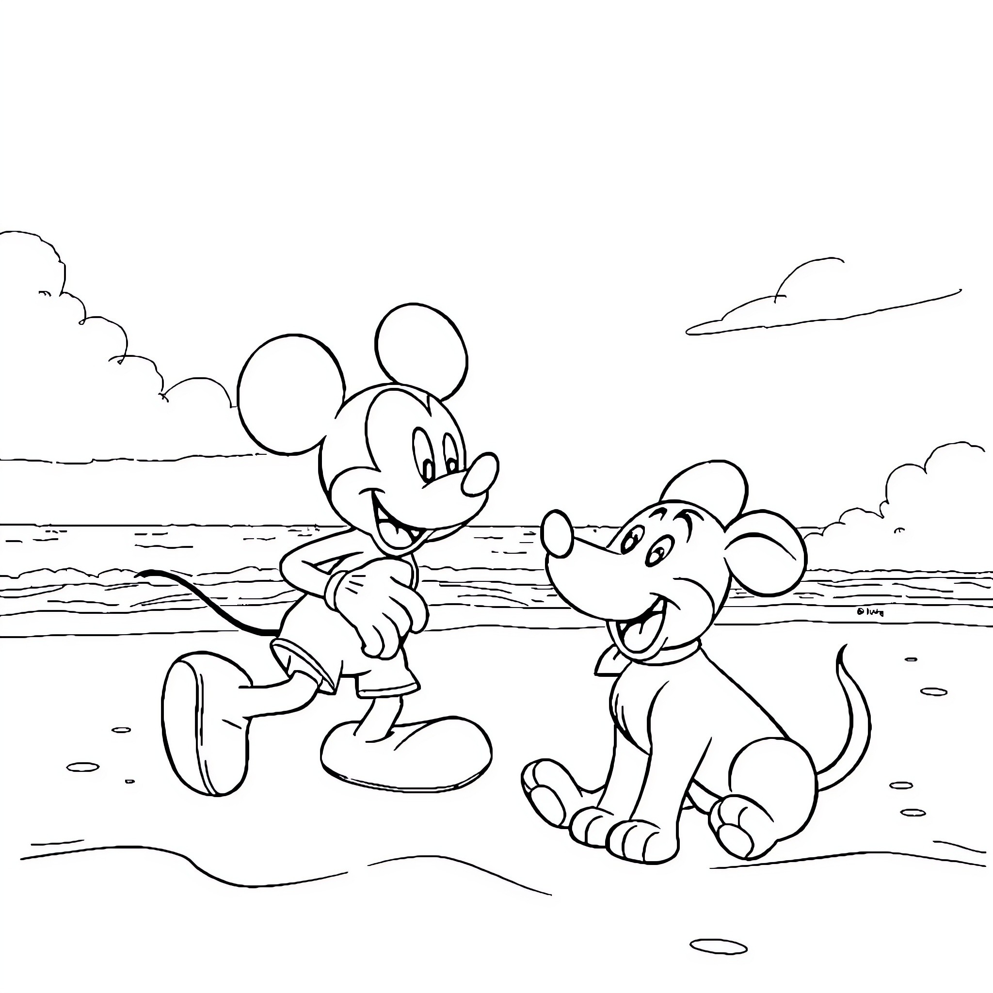 Mickey and his dog friend on the beach Coloring Page (free black-and-white line drawing printable PDF for all, from beginners to advanced learners, including children, teens, adults, and seniors)