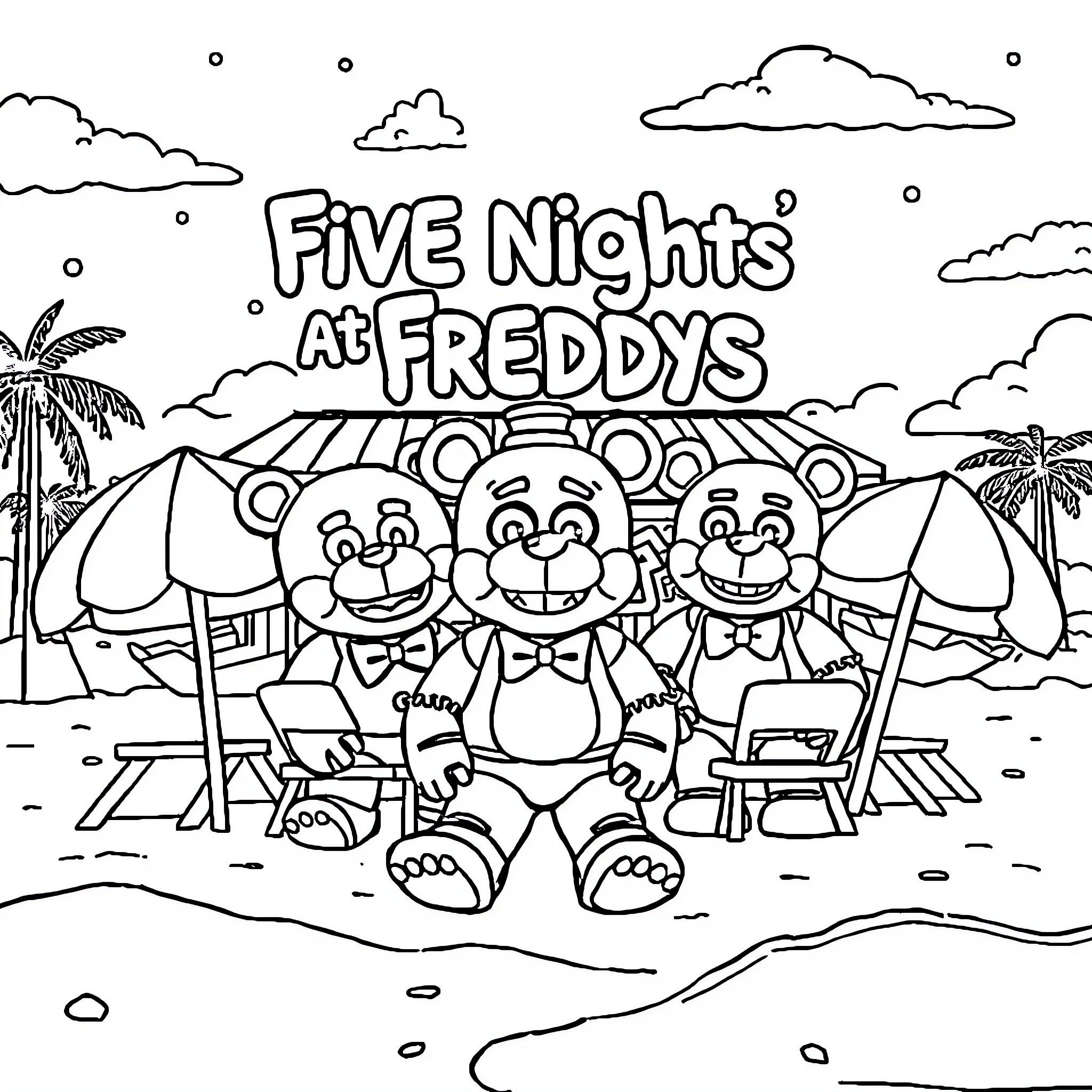 Freddy's Joyful Beach Getaway Coloring Page (free black-and-white line drawing printable PDF for all, from beginners to advanced learners, including children, teens, adults, and seniors)
