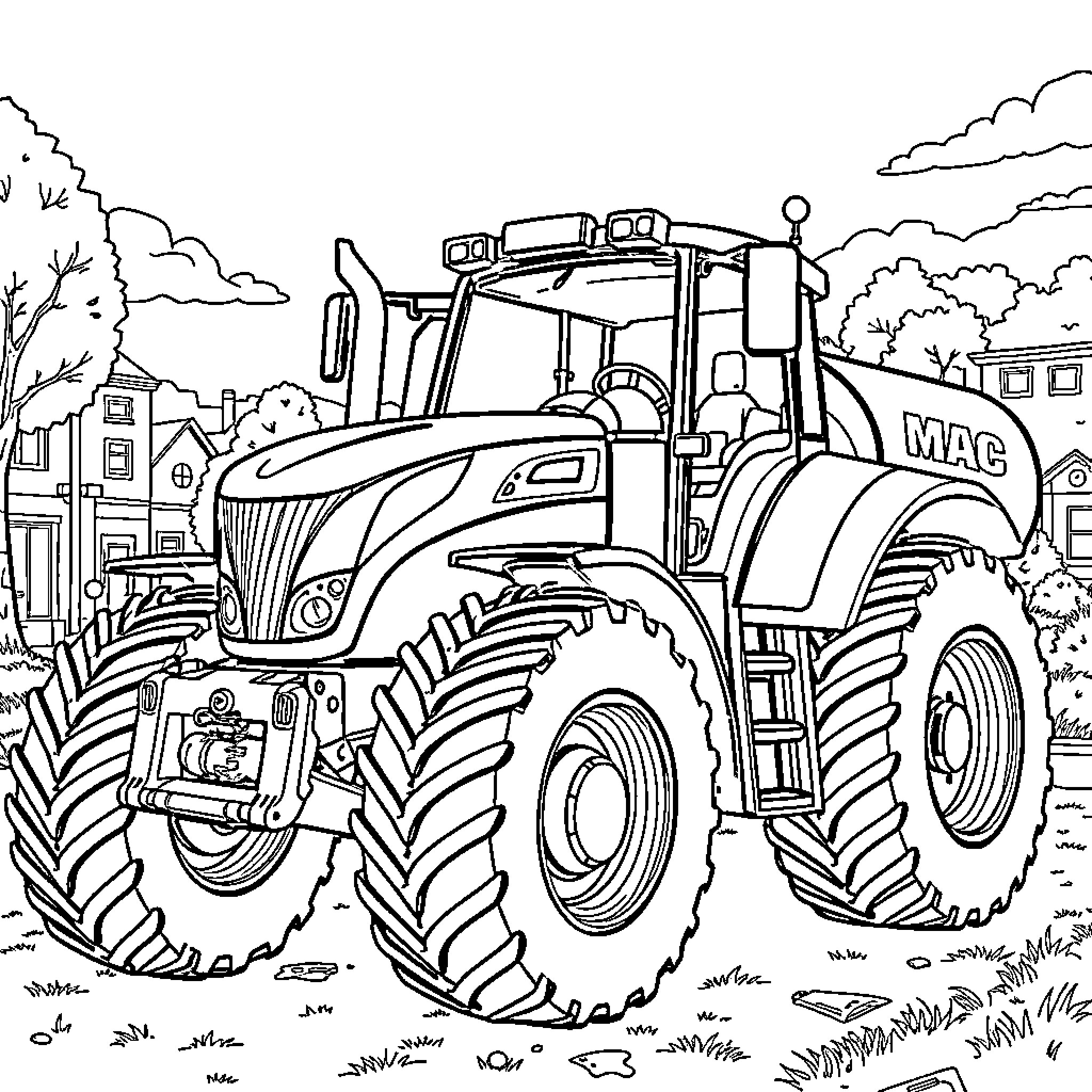 Tractor working in the countryside Coloring Page (free black-and-white line drawing printable PDF for all, from beginners to advanced learners, including children, teens, adults, and seniors)