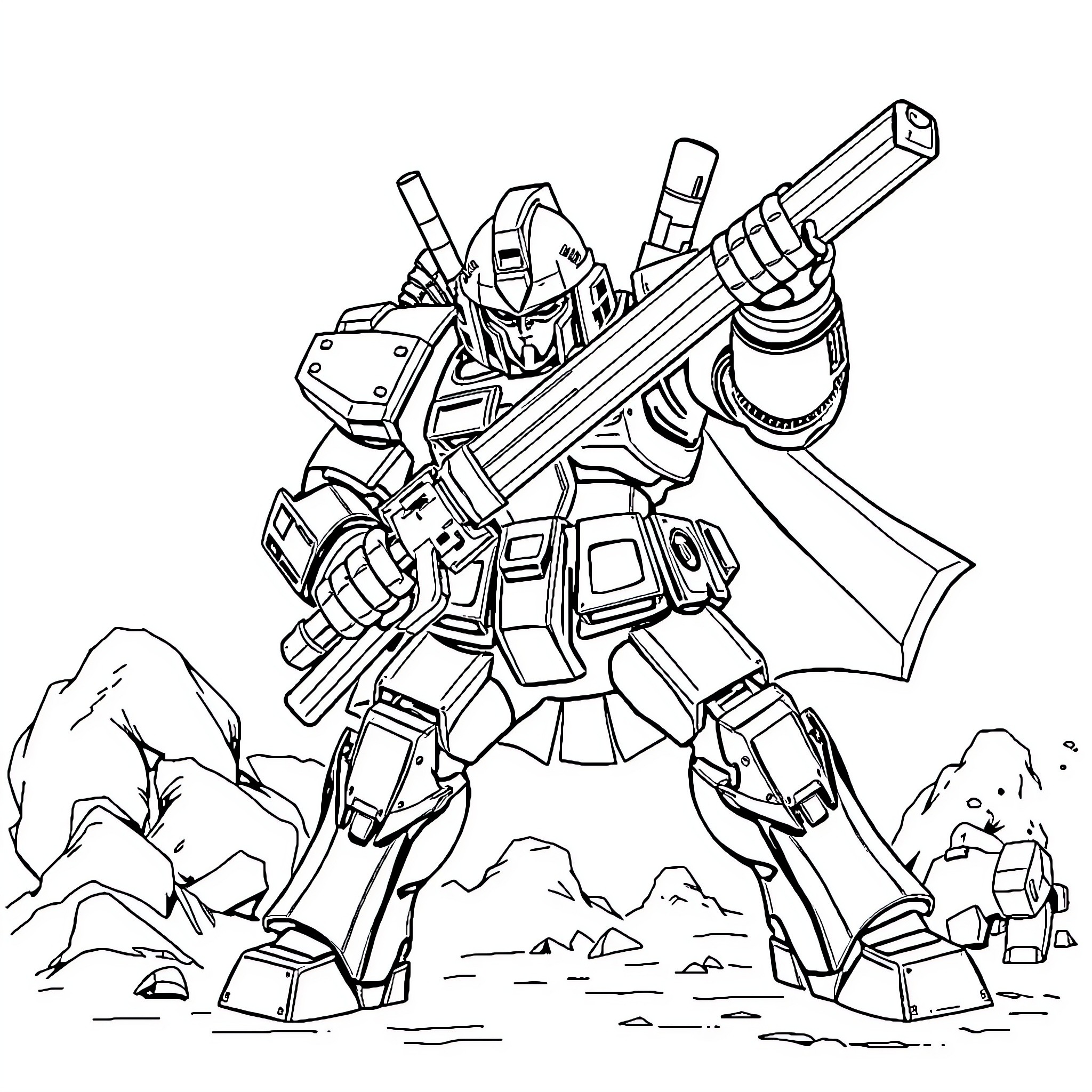 Zaku Mech Wielding Powerful Weapon Amid Rugged Terrain Coloring Page (free black-and-white line drawing printable PDF for all, from beginners to advanced learners, including children, teens, adults, and seniors)