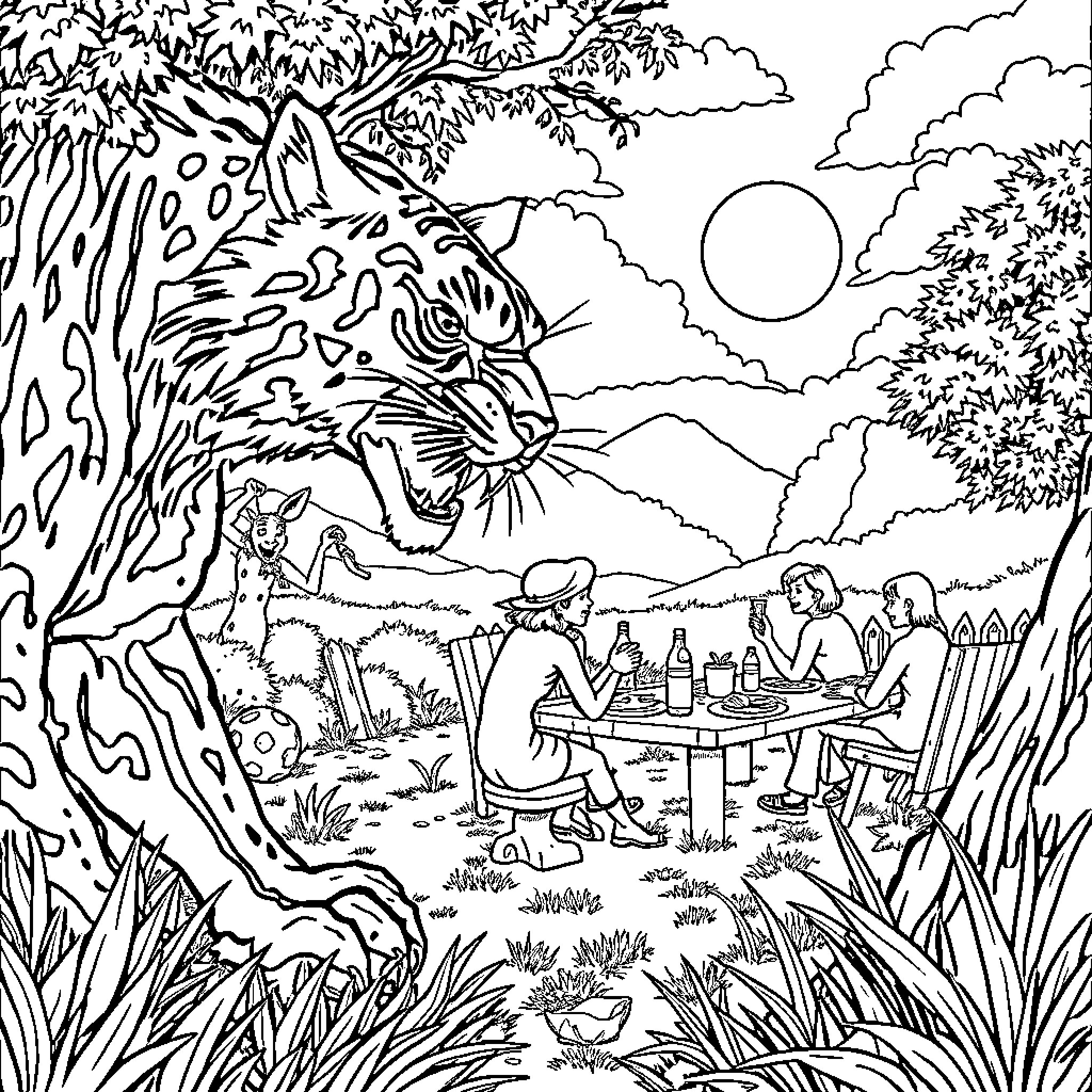 Predator's Lair: Humans Dine Amidst Nature's Wonders Coloring Page (free black-and-white line drawing printable PDF for all, from beginners to advanced learners, including children, teens, adults, and seniors)