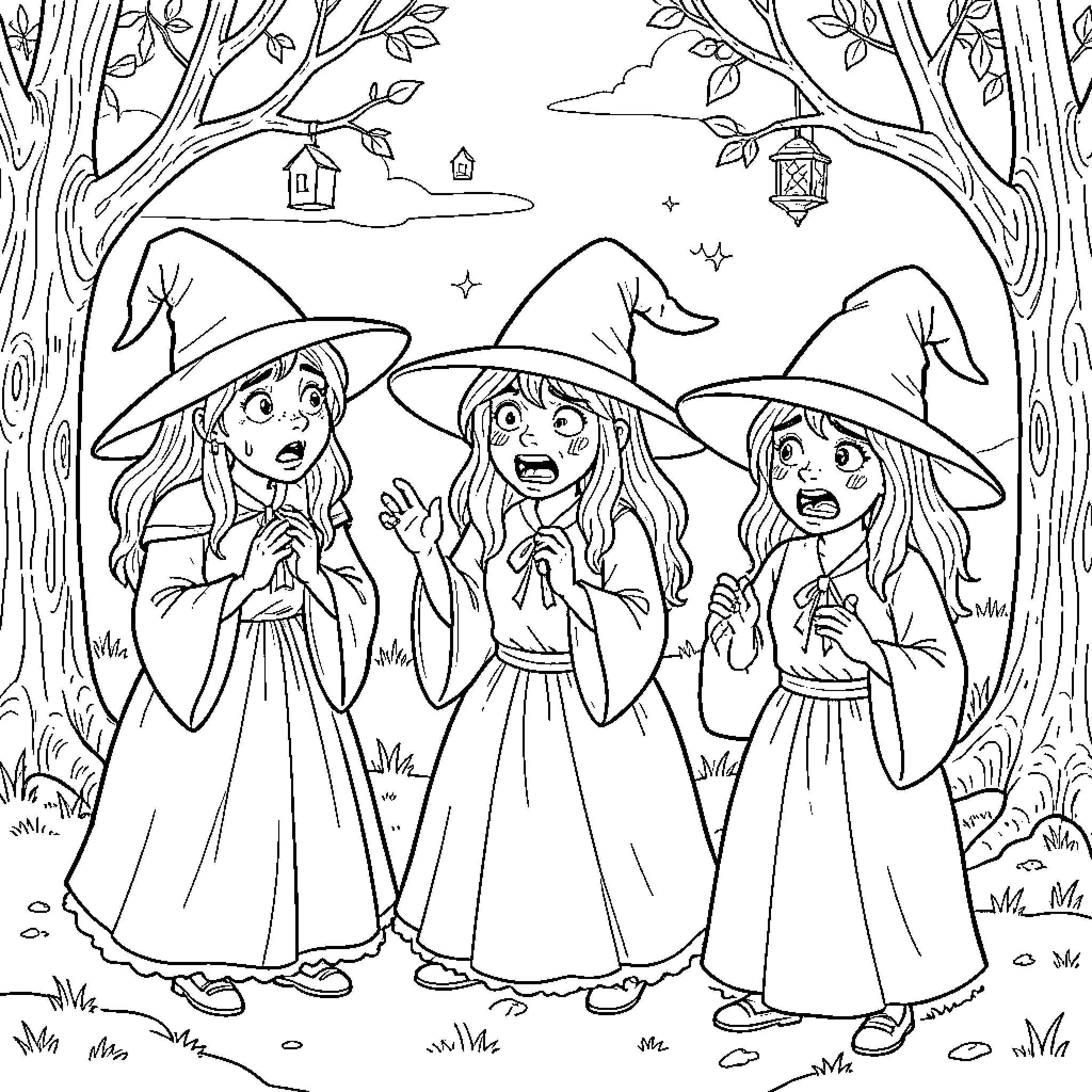 Witch girls startled and frightened in a dark enchanted forest Coloring Page (free black-and-white line drawing printable PDF for all, from beginners to advanced learners, including children, teens, adults, and seniors)