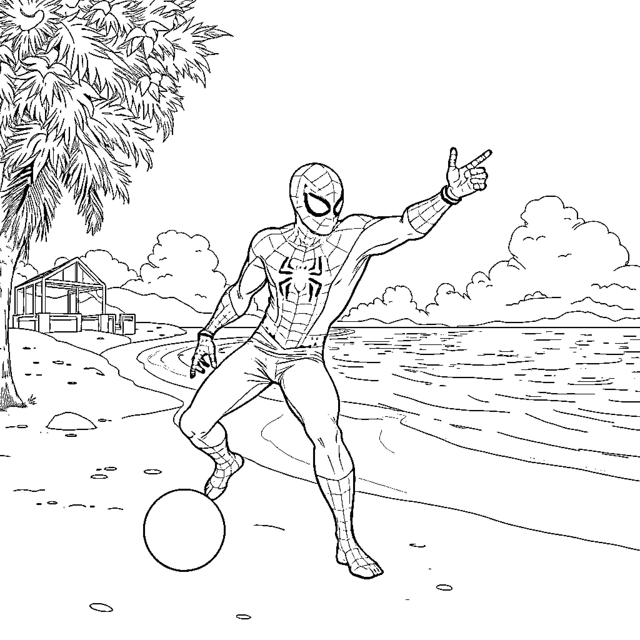 Spiderman striking a pose on the beach Coloring Page (free black-and-white line drawing printable PDF for all, from beginners to advanced learners, including children, teens, adults, and seniors)