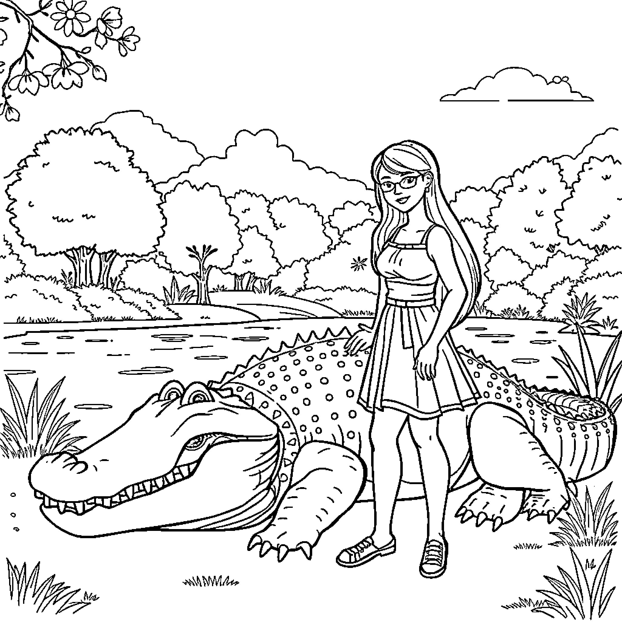 Ms Rachel explores the lush wilderness with a crocodile Coloring Page (free black-and-white line drawing printable PDF for all, from beginners to advanced learners, including children, teens, adults, and seniors)