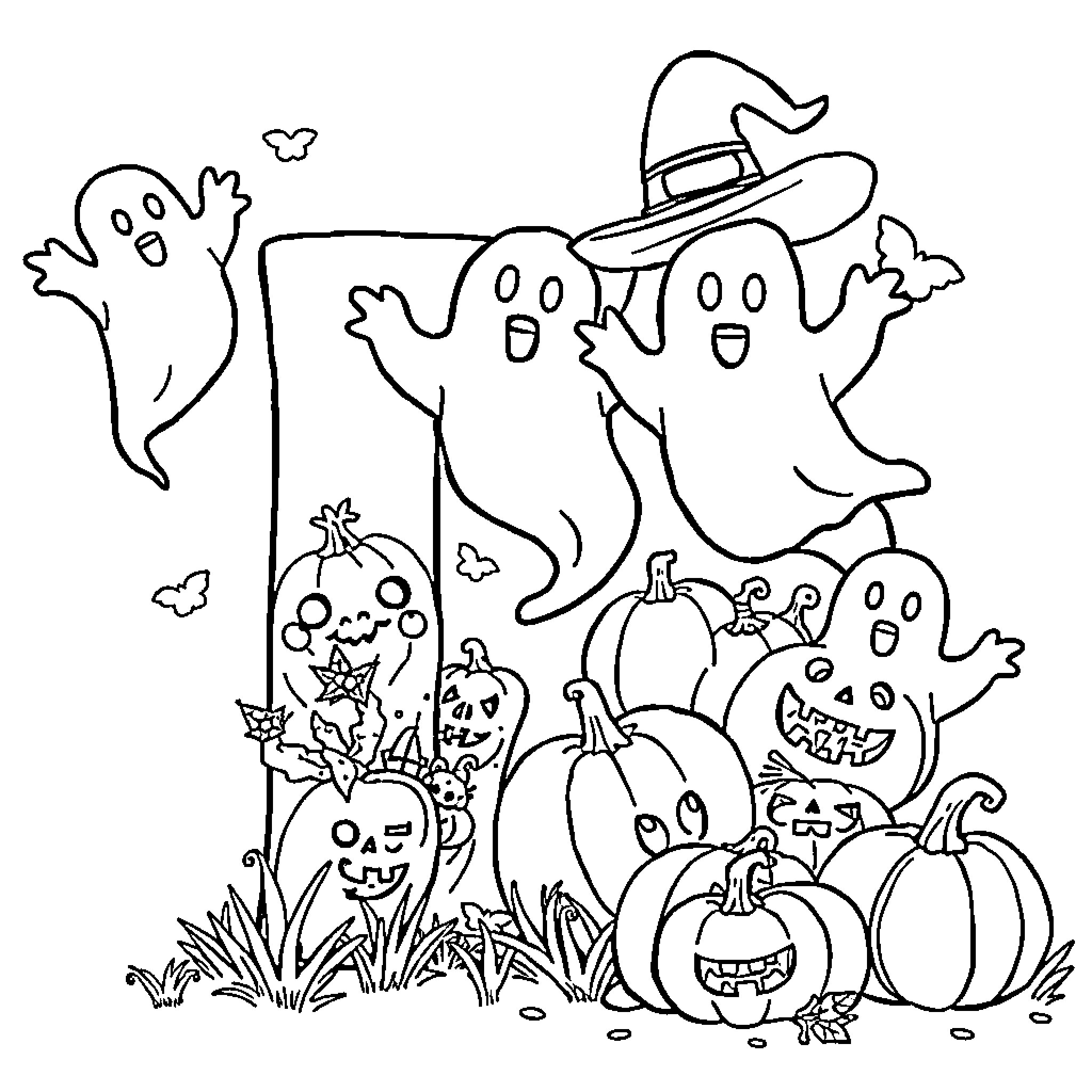 Letter D: Ghosts and Pumpkins in Halloween Scene Coloring Page (free black-and-white line drawing printable PDF for all, from beginners to advanced learners, including children, teens, adults, and seniors)