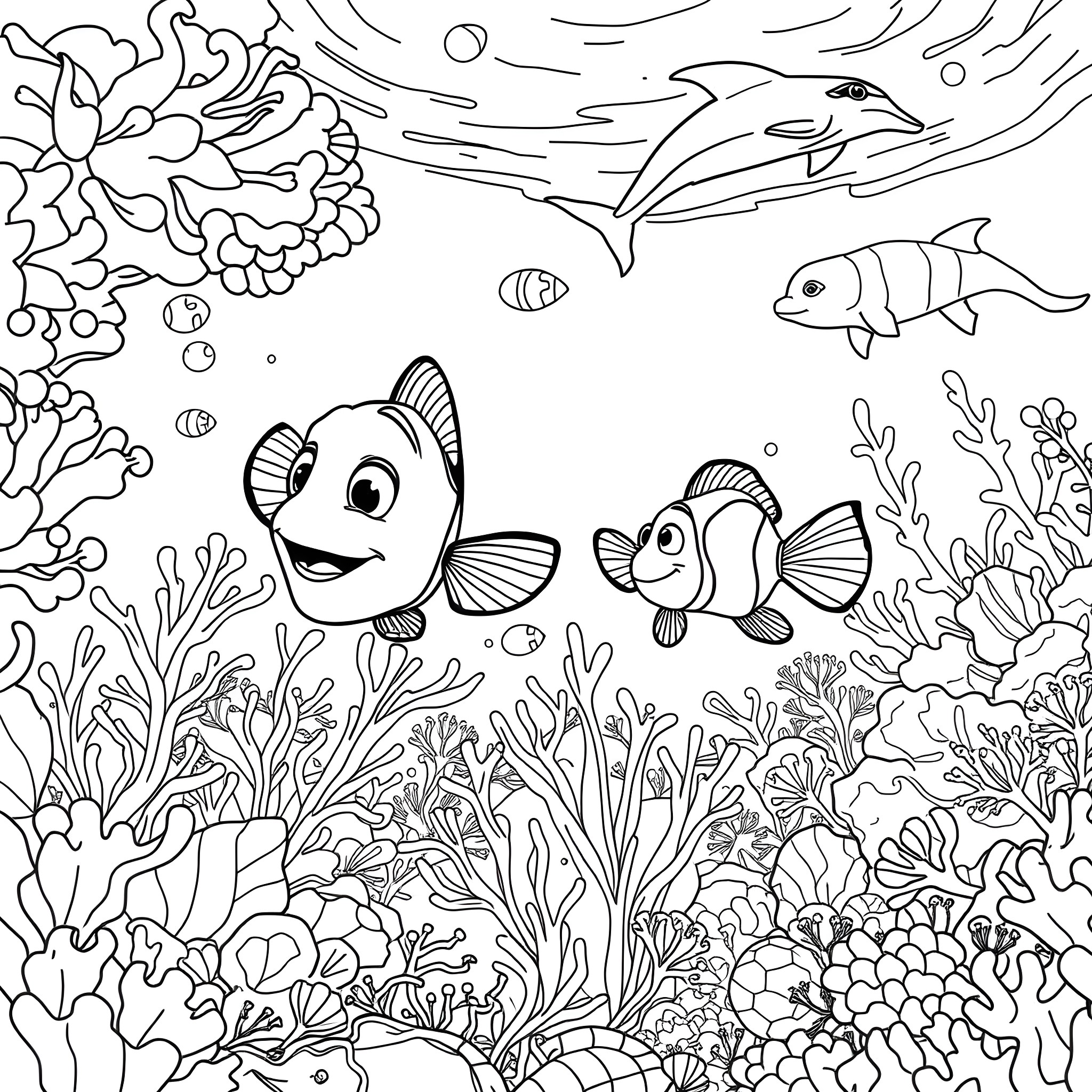 Nemo and friends explore the vibrant underwater world Coloring Page (free black-and-white line drawing printable PDF for all, from beginners to advanced learners, including children, teens, adults, and seniors)