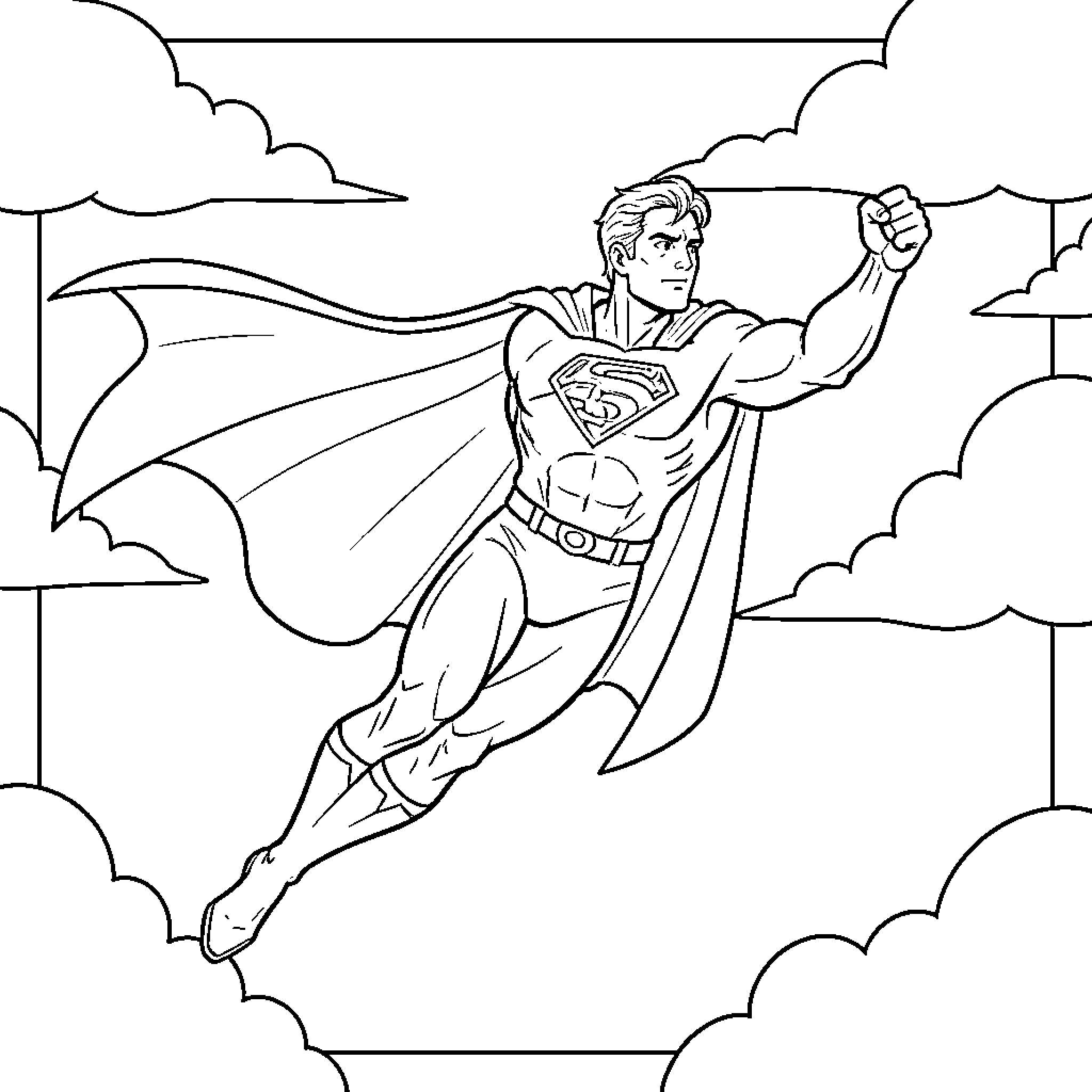 Joseph, the Heroic Superhero, Soars Through the Clouds Coloring Page (free black-and-white line drawing printable PDF for all, from beginners to advanced learners, including children, teens, adults, and seniors)