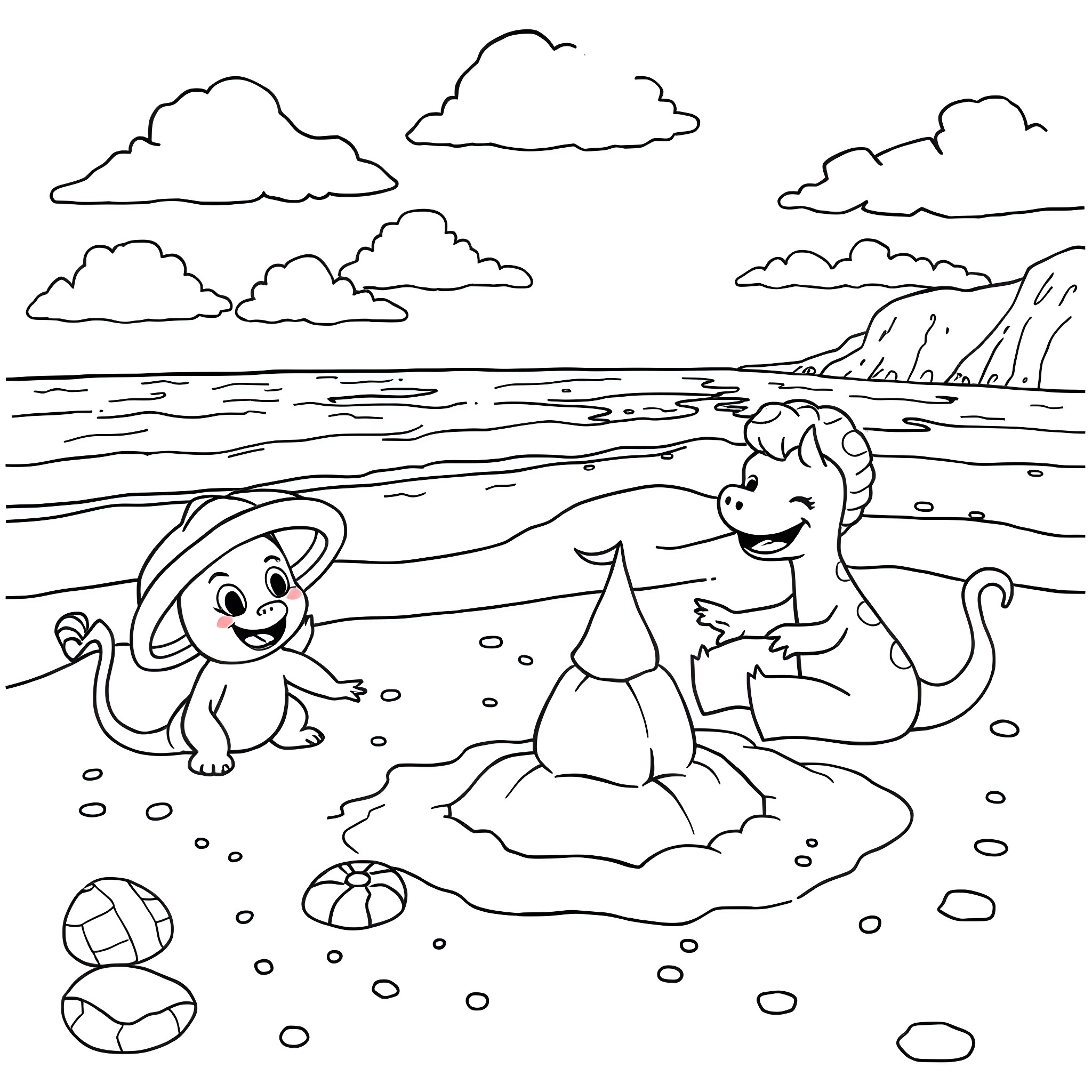 Terrapagos - Playful Animals Enjoying the Beach Coloring Page (free black-and-white line drawing printable PDF for all, from beginners to advanced learners, including children, teens, adults, and seniors)