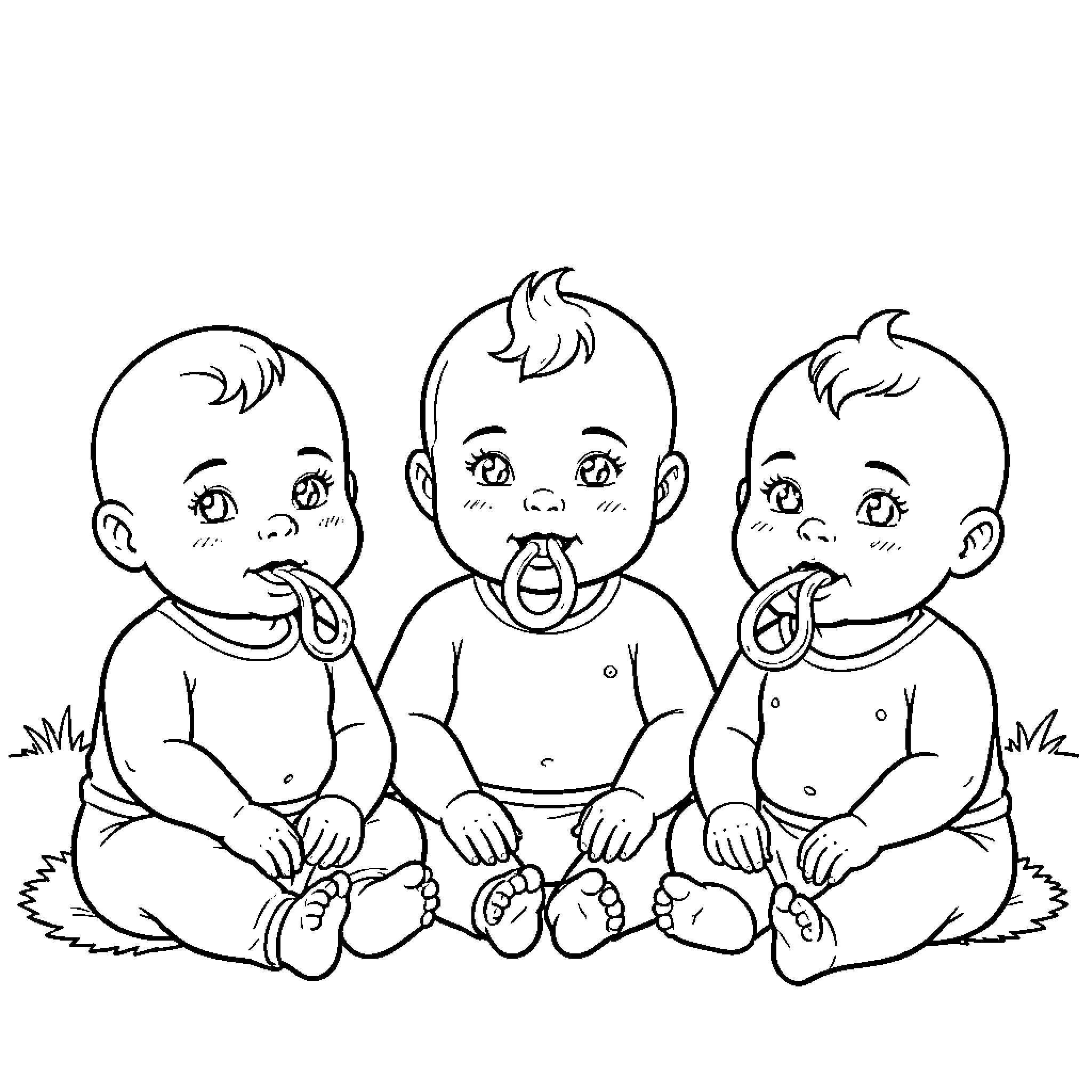 Baby trio sitting together and playing with rings Coloring Page (free black-and-white line drawing printable PDF for all, from beginners to advanced learners, including children, teens, adults, and seniors)
