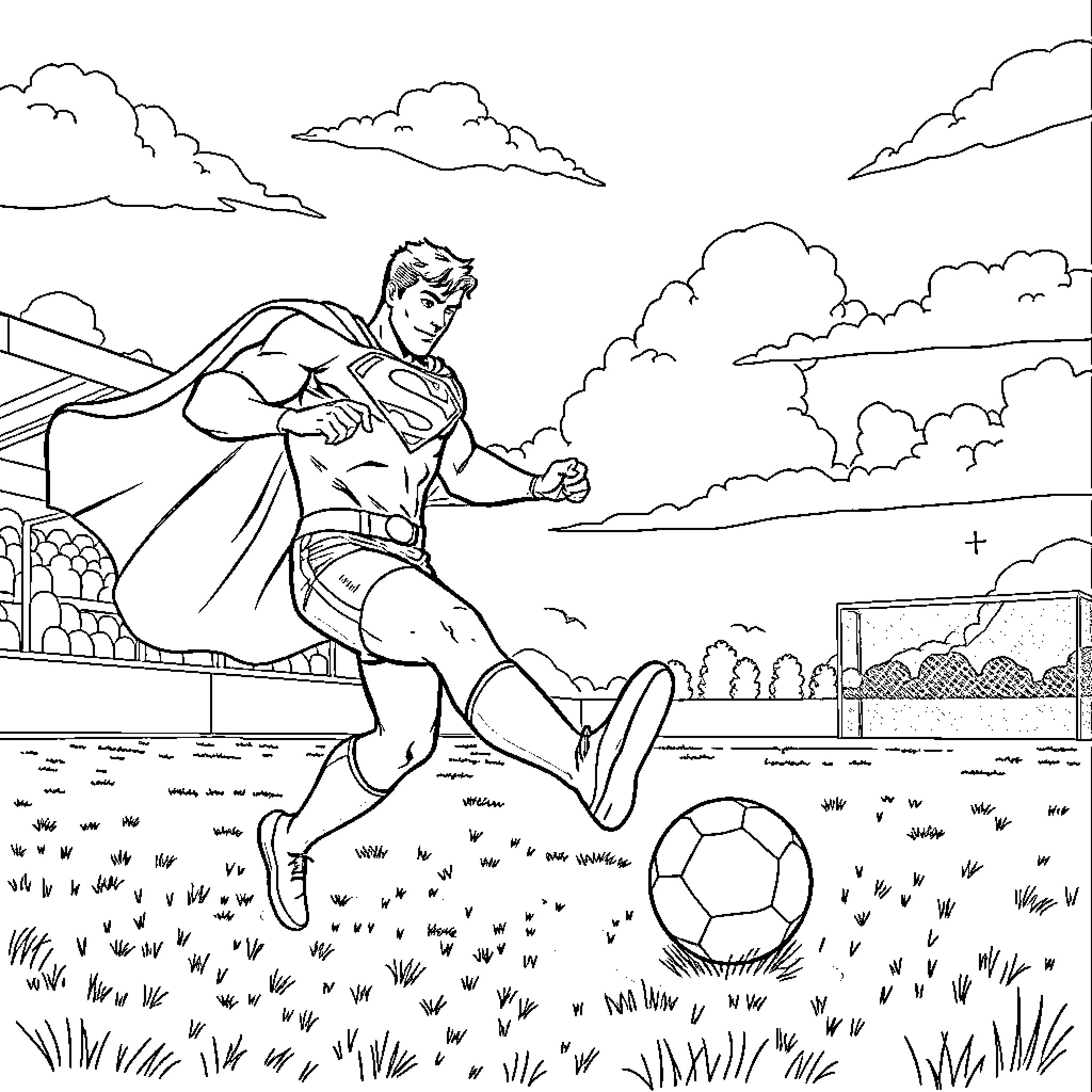 Superman kicking a soccer ball in the park Coloring Page (free black-and-white line drawing printable PDF for all, from beginners to advanced learners, including children, teens, adults, and seniors)