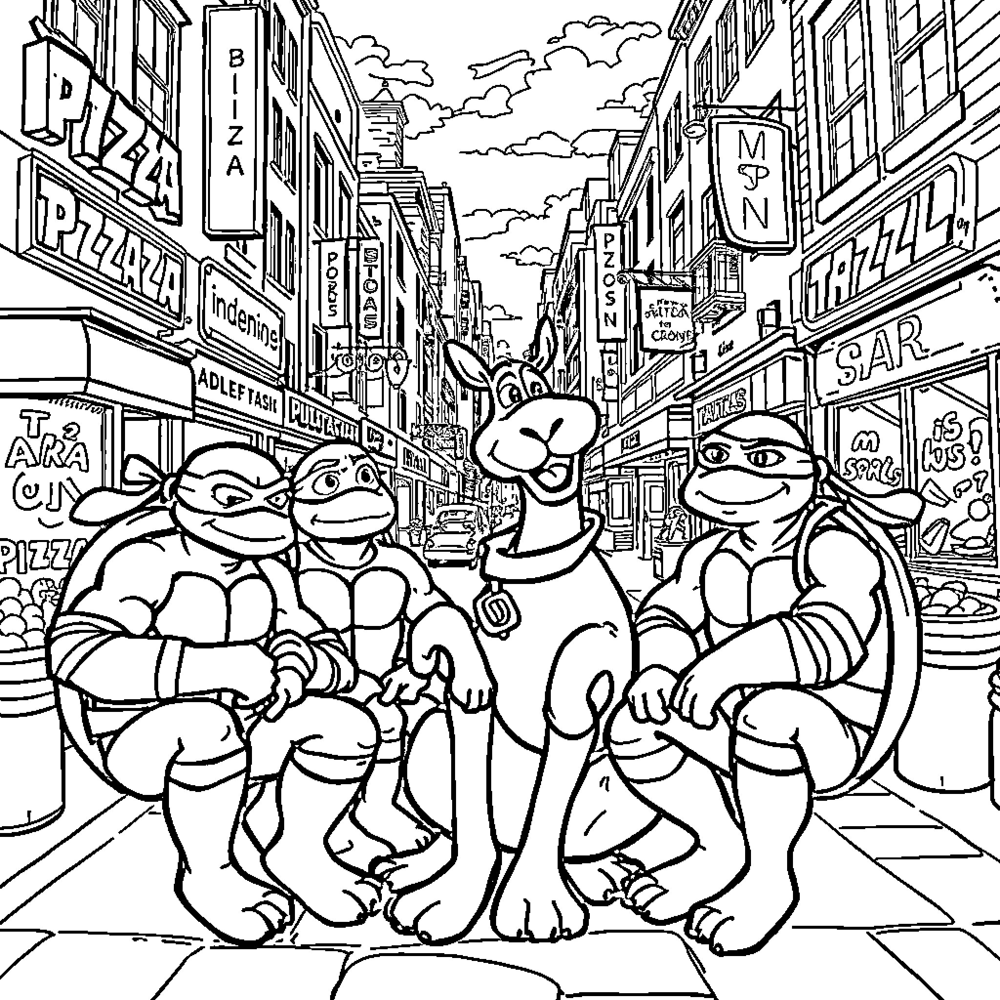 Teenage Mutant Ninja Turtles Exploring the City Streets Coloring Page (free black-and-white line drawing printable PDF for all, from beginners to advanced learners, including children, teens, adults, and seniors)