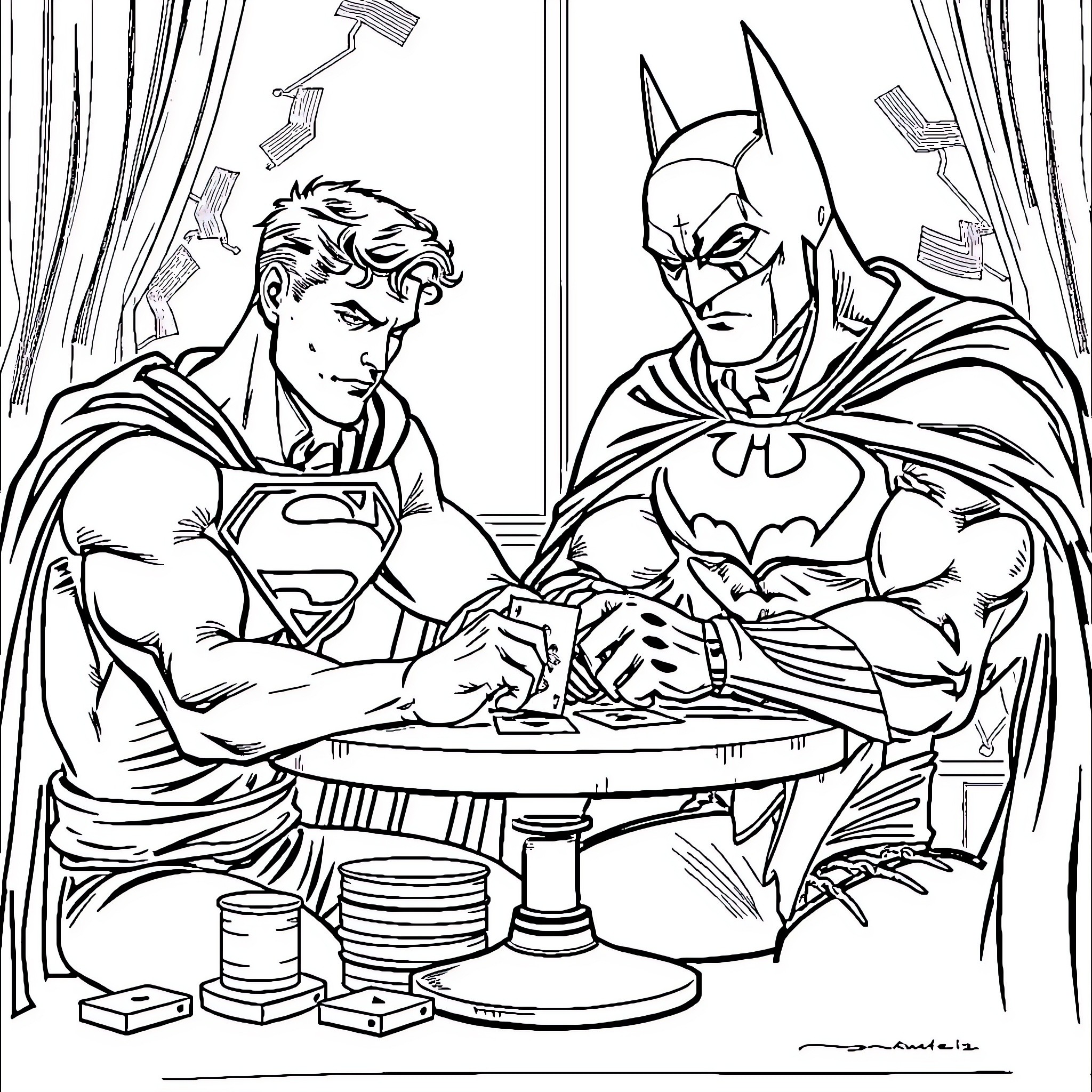 Superman and Batman working together on plans Coloring Page (free black-and-white line drawing printable PDF for all, from beginners to advanced learners, including children, teens, adults, and seniors)