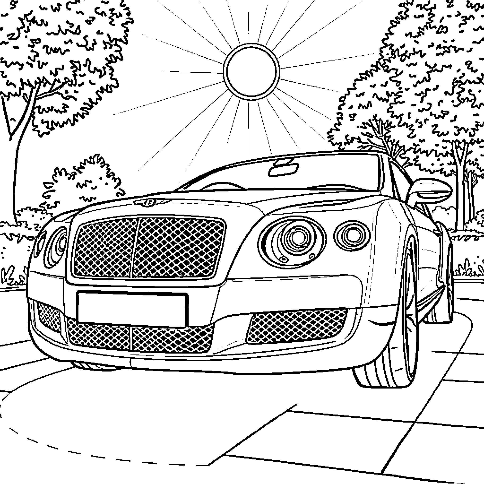 Bentley driving on a sunny road Coloring Page (free black-and-white line drawing printable PDF for all, from beginners to advanced learners, including children, teens, adults, and seniors)