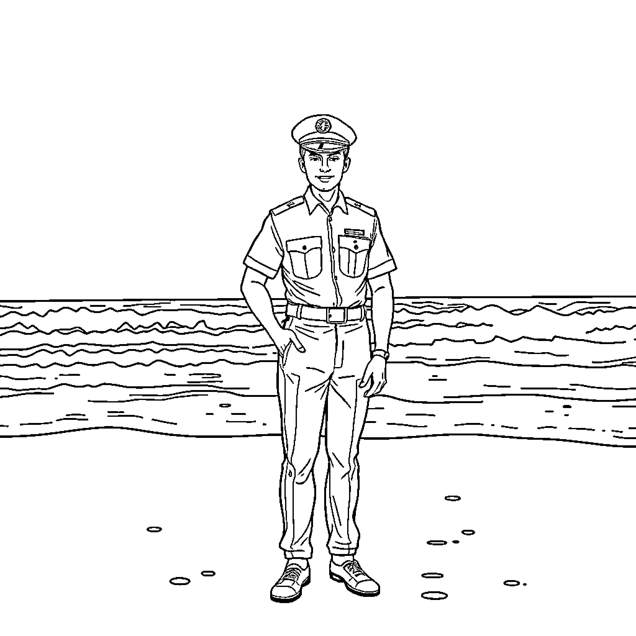 Uniform-clad Coast Guard Officer on Patrol Coloring Page (free black-and-white line drawing printable PDF for all, from beginners to advanced learners, including children, teens, adults, and seniors)