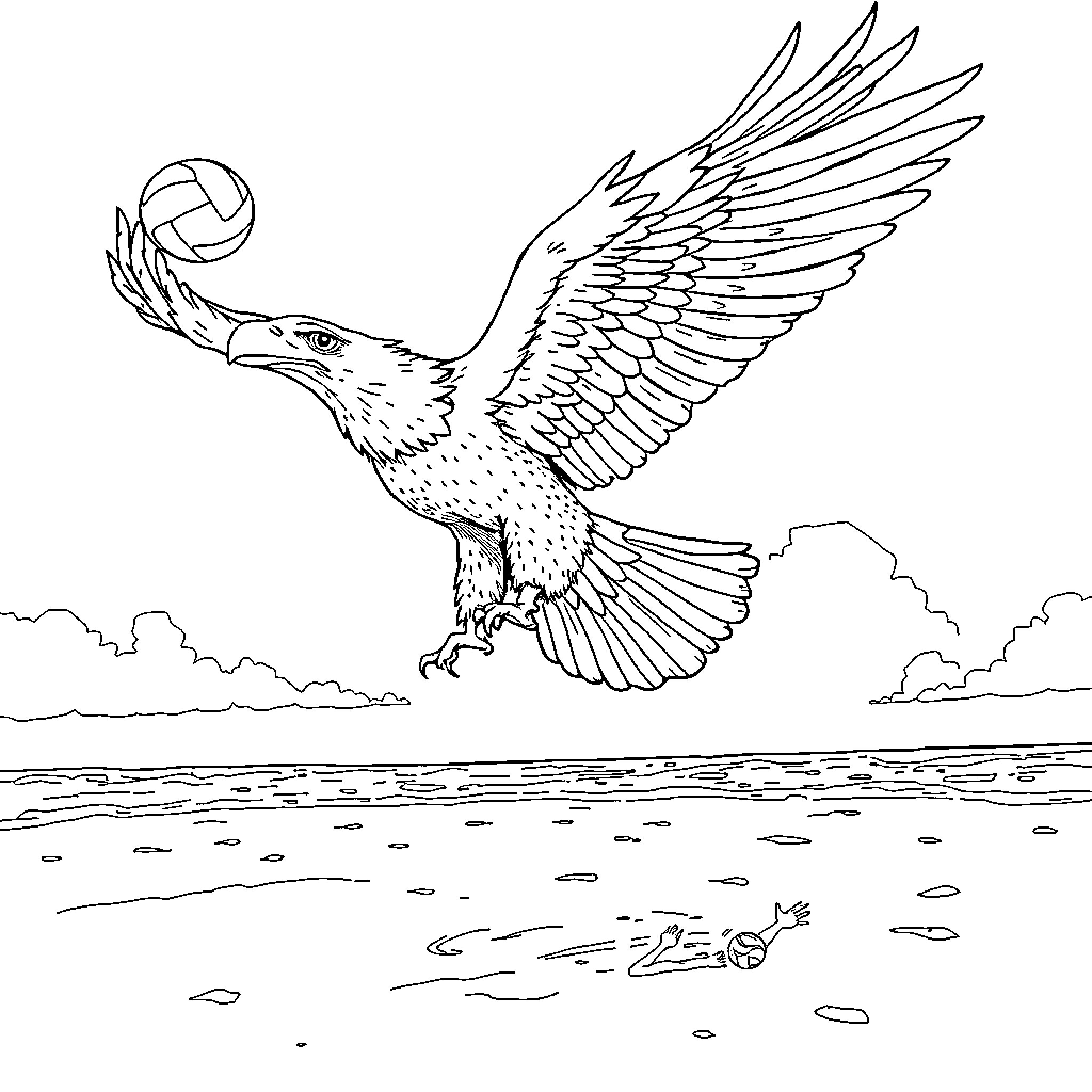 Eagle capturing volleyball in mid-air Coloring Page (free black-and-white line drawing printable PDF for all, from beginners to advanced learners, including children, teens, adults, and seniors)