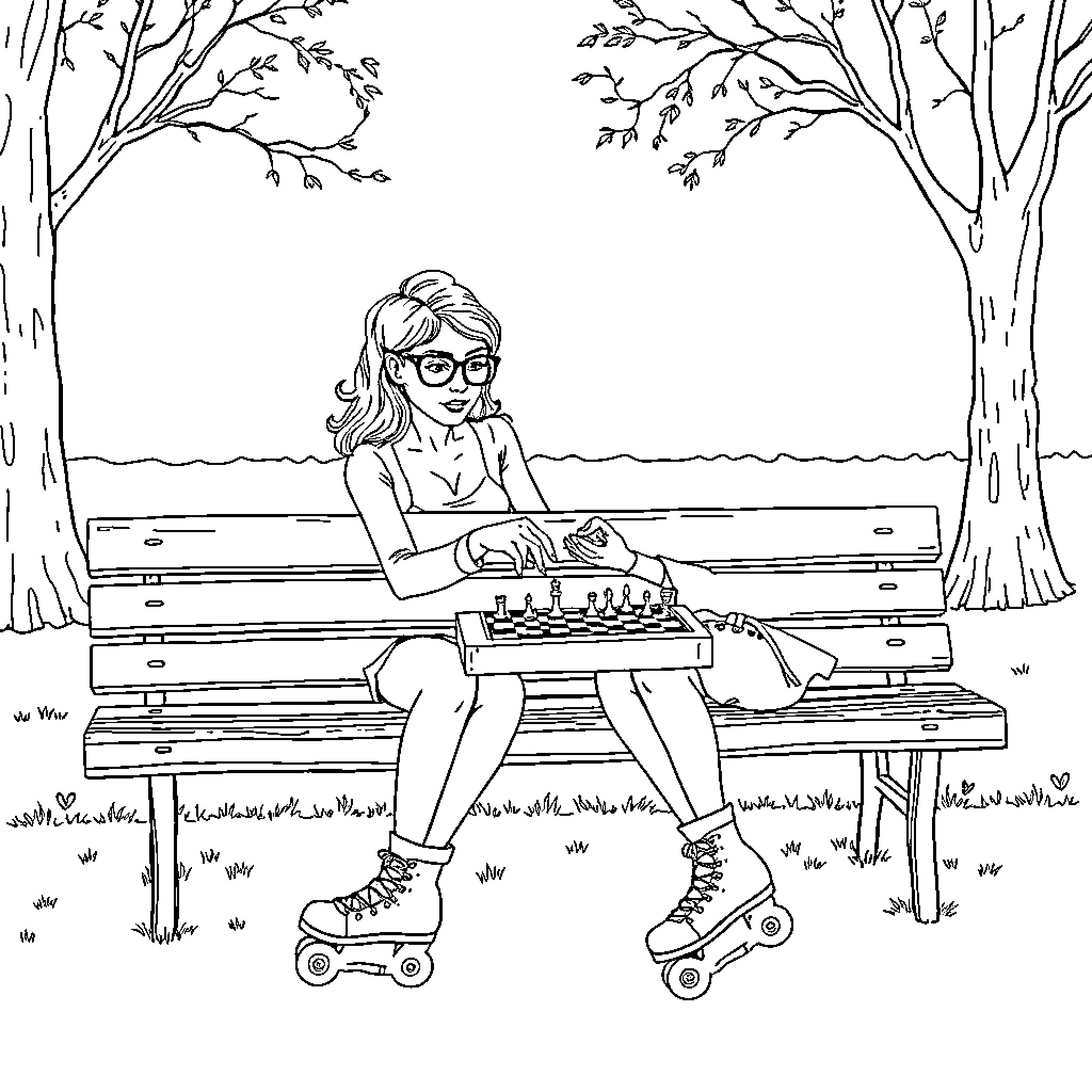 Wife relaxing on a park bench with a typewriter Coloring Page (free black-and-white line drawing printable PDF for all, from beginners to advanced learners, including children, teens, adults, and seniors)
