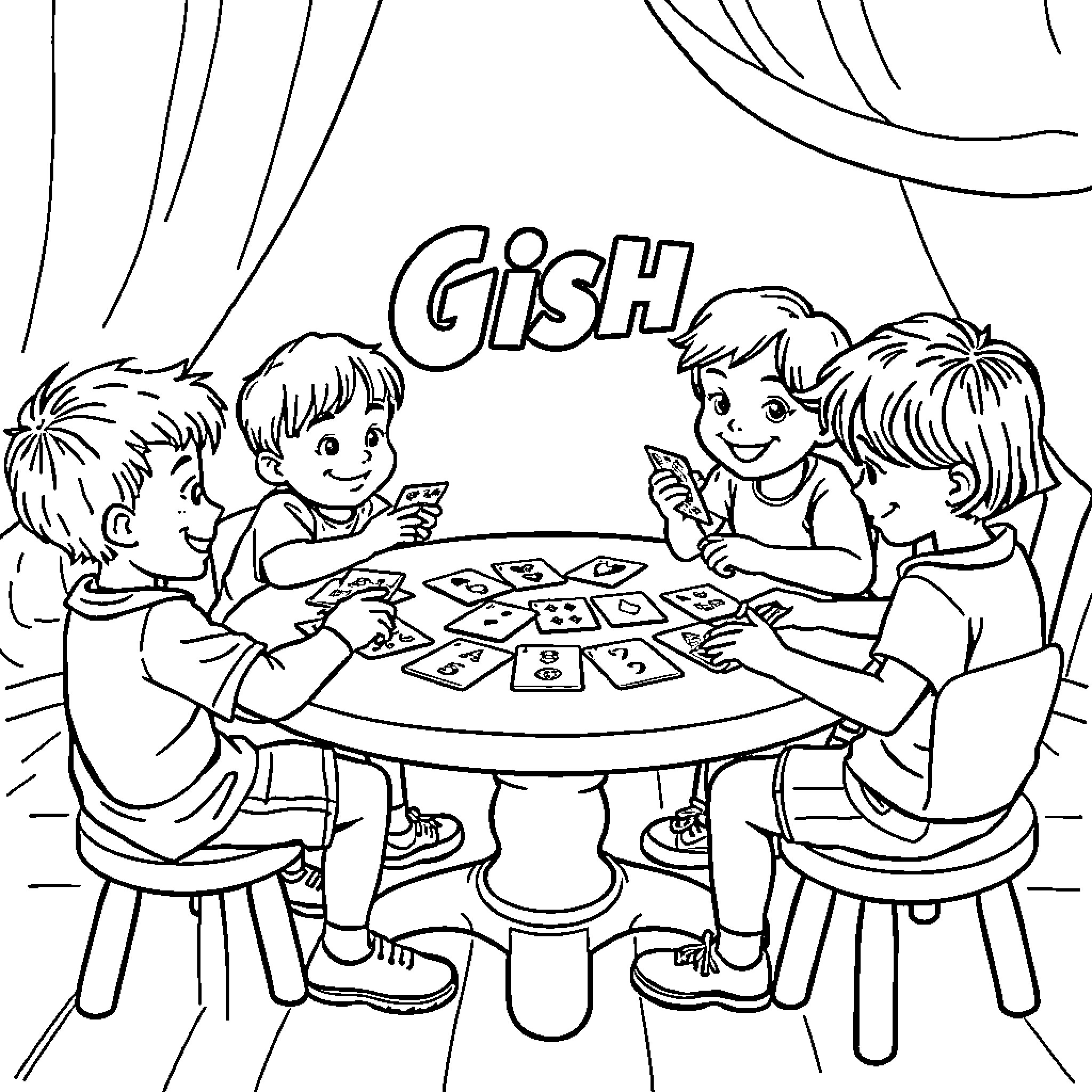 Kid playing board game with friends happily Coloring Page (free black-and-white line drawing printable PDF for all, from beginners to advanced learners, including children, teens, adults, and seniors)
