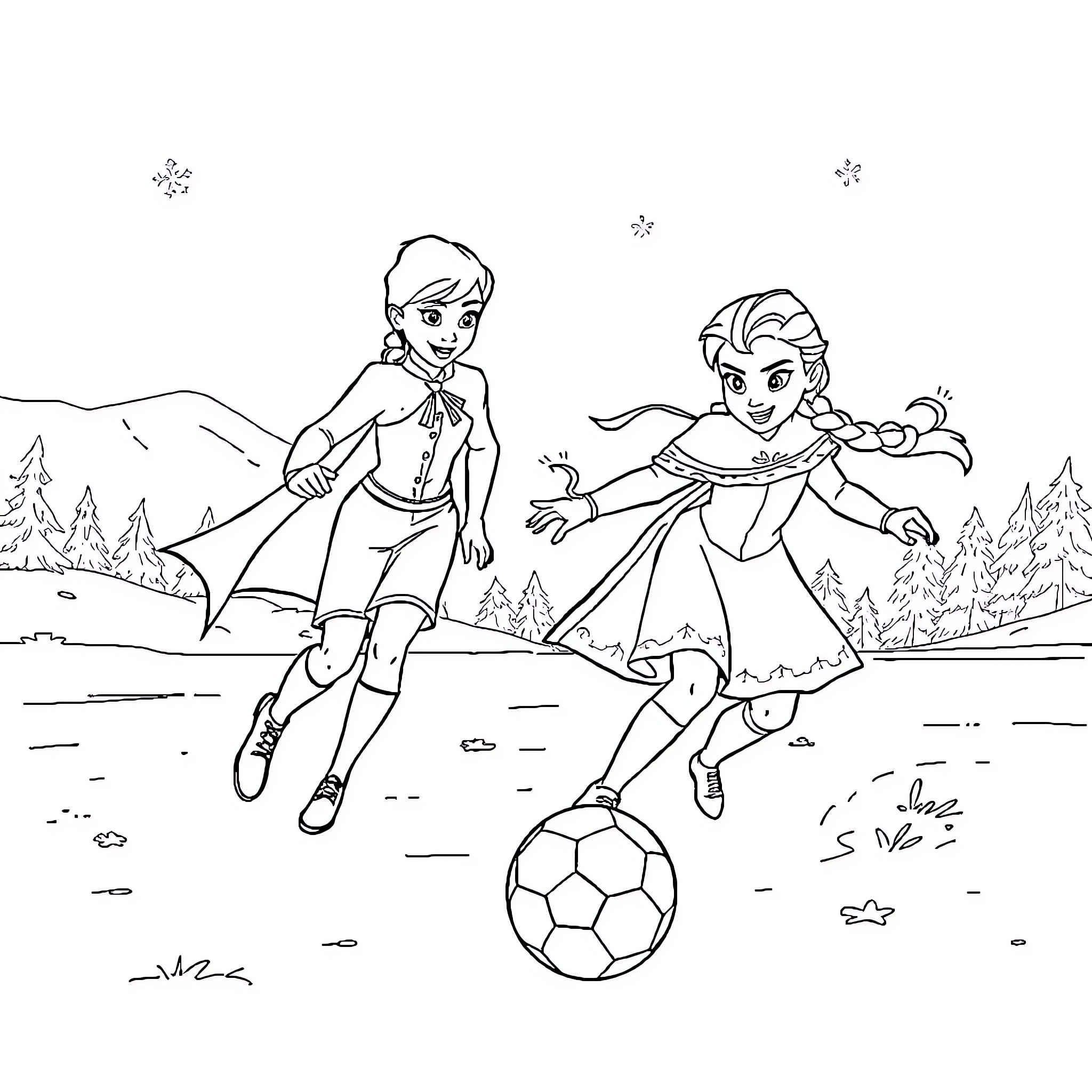 Frozen Characters Playing Soccer in Winter Wonderland Coloring Page (free black-and-white line drawing printable PDF for all, from beginners to advanced learners, including children, teens, adults, and seniors)