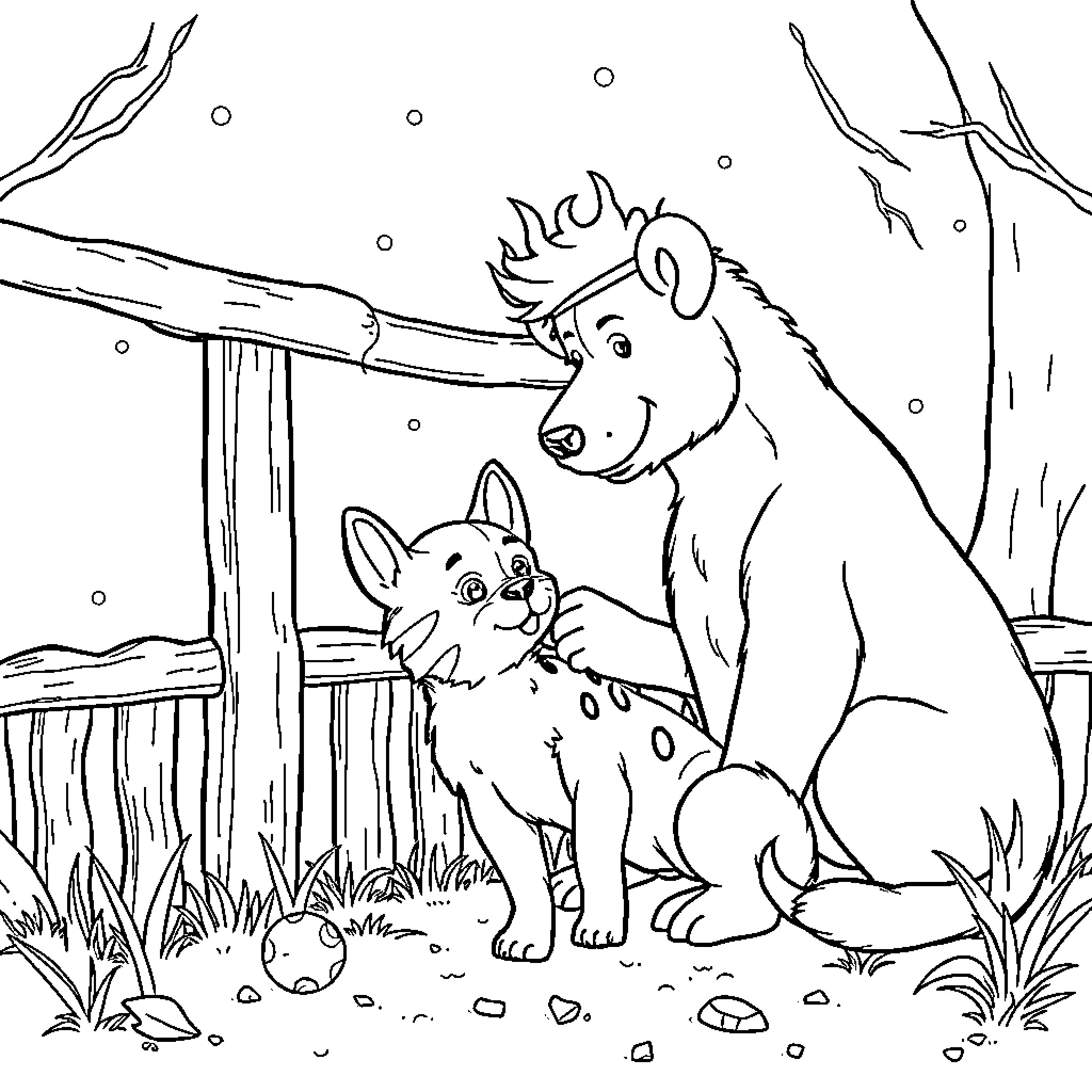 Daughter and her pet dog playing in the snow Coloring Page (free black-and-white line drawing printable PDF for all, from beginners to advanced learners, including children, teens, adults, and seniors)