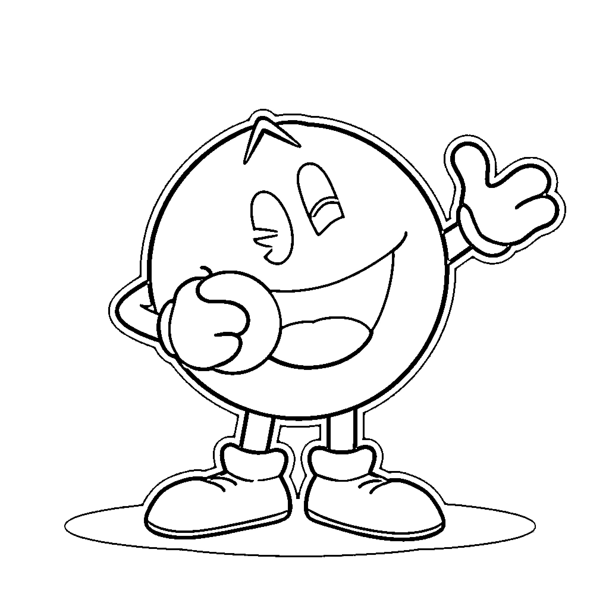 Pacman character smiling and gesturing Coloring Page (free black-and-white line drawing printable PDF for all, from beginners to advanced learners, including children, teens, adults, and seniors)