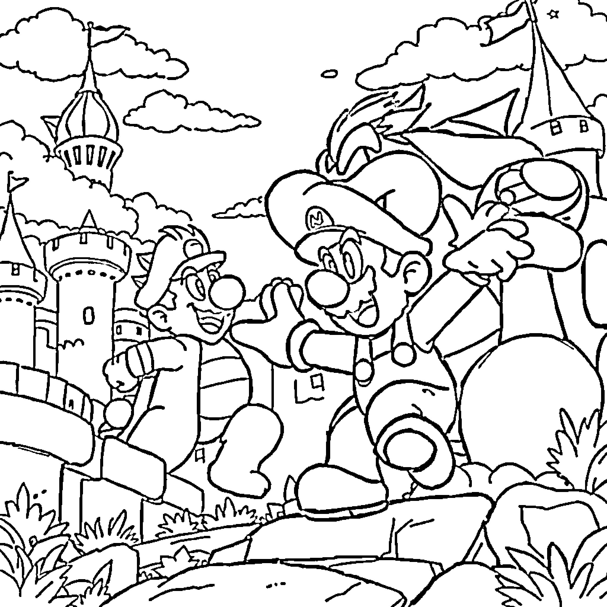 Mario and friends exploring a magical castle landscape Coloring Page (free black-and-white line drawing printable PDF for all, from beginners to advanced learners, including children, teens, adults, and seniors)
