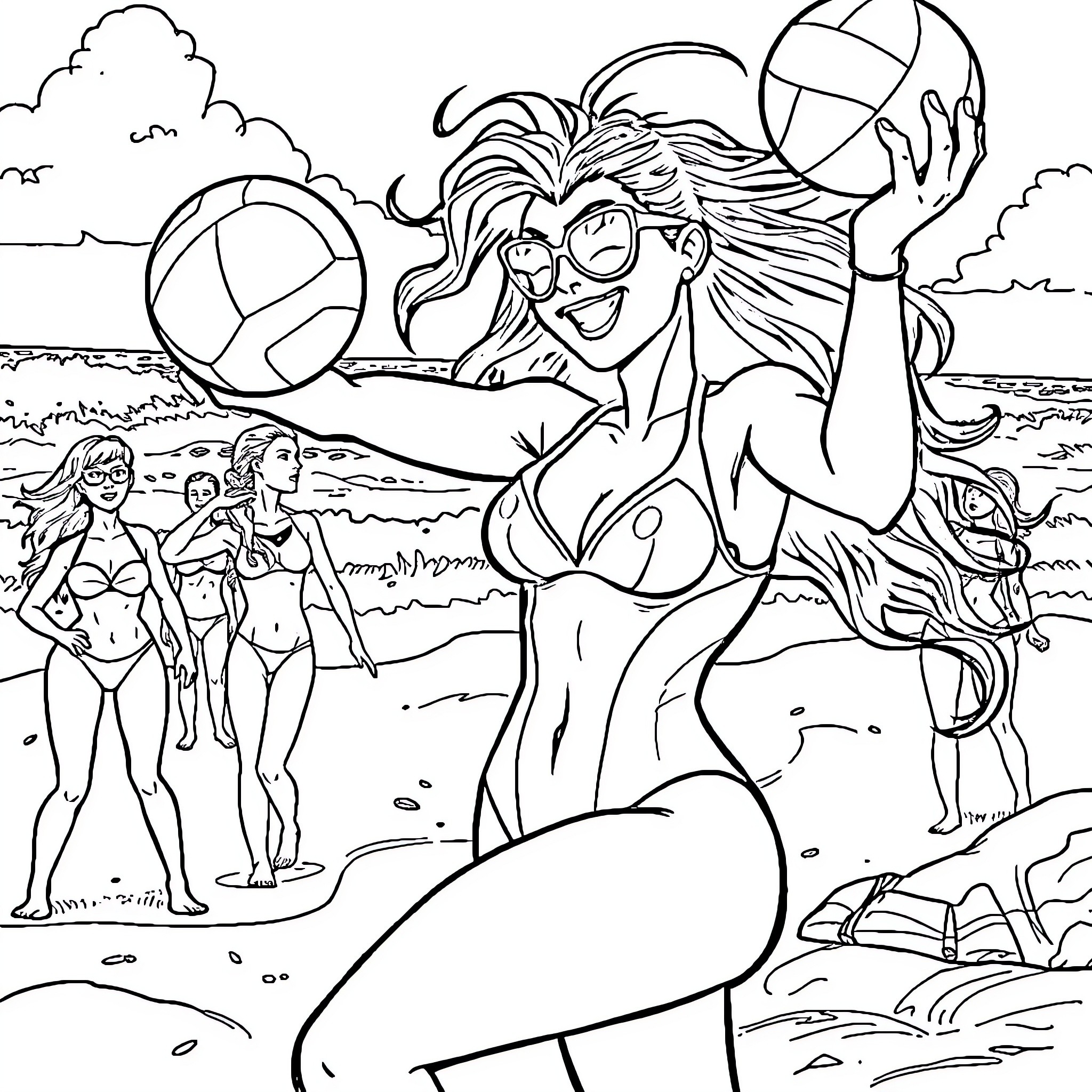 Scarlet Witch enjoying a beachside volleyball game Coloring Page (free black-and-white line drawing printable PDF for all, from beginners to advanced learners, including children, teens, adults, and seniors)