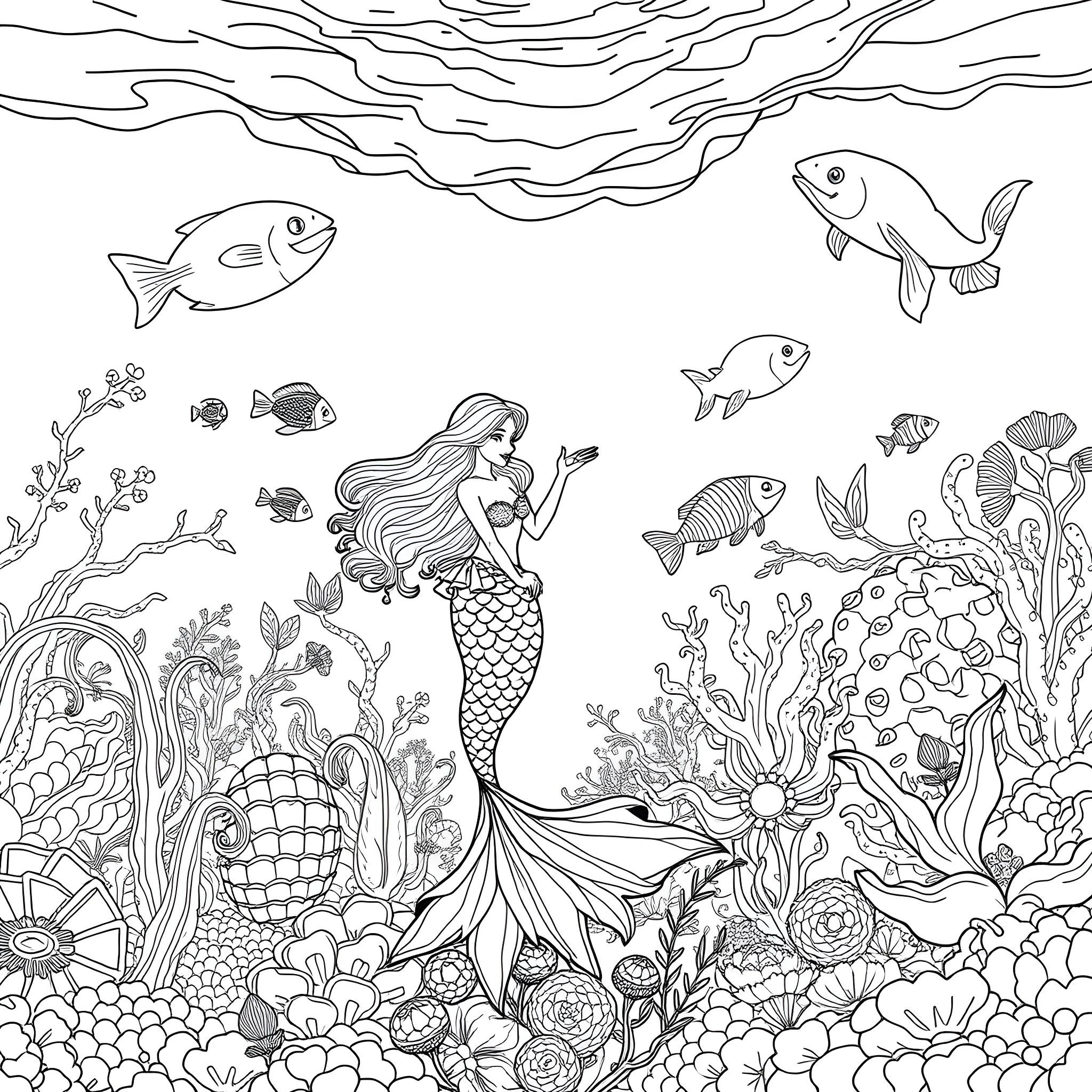 Mermaid surrounded by sea creatures and underwater plants Coloring Page (free black-and-white line drawing printable PDF for all, from beginners to advanced learners, including children, teens, adults, and seniors)